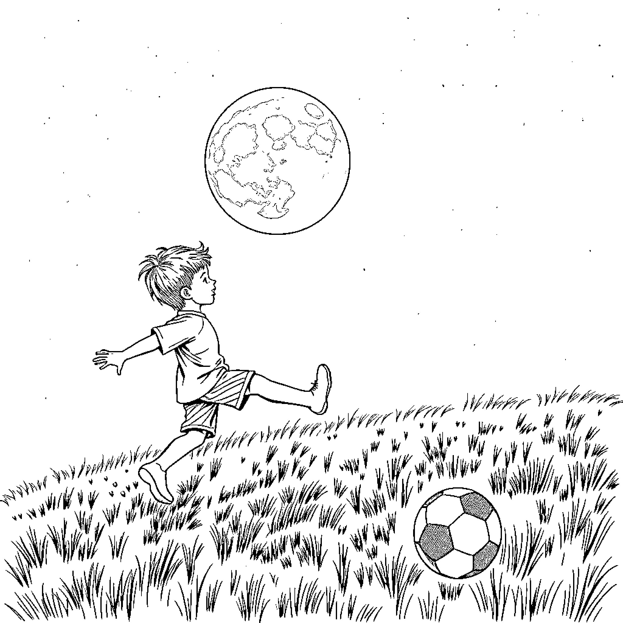 Boy playing joyfully with soccer ball under moonlight Coloring Page (free black-and-white line drawing printable PDF for all, from beginners to advanced learners, including children, teens, adults, and seniors)