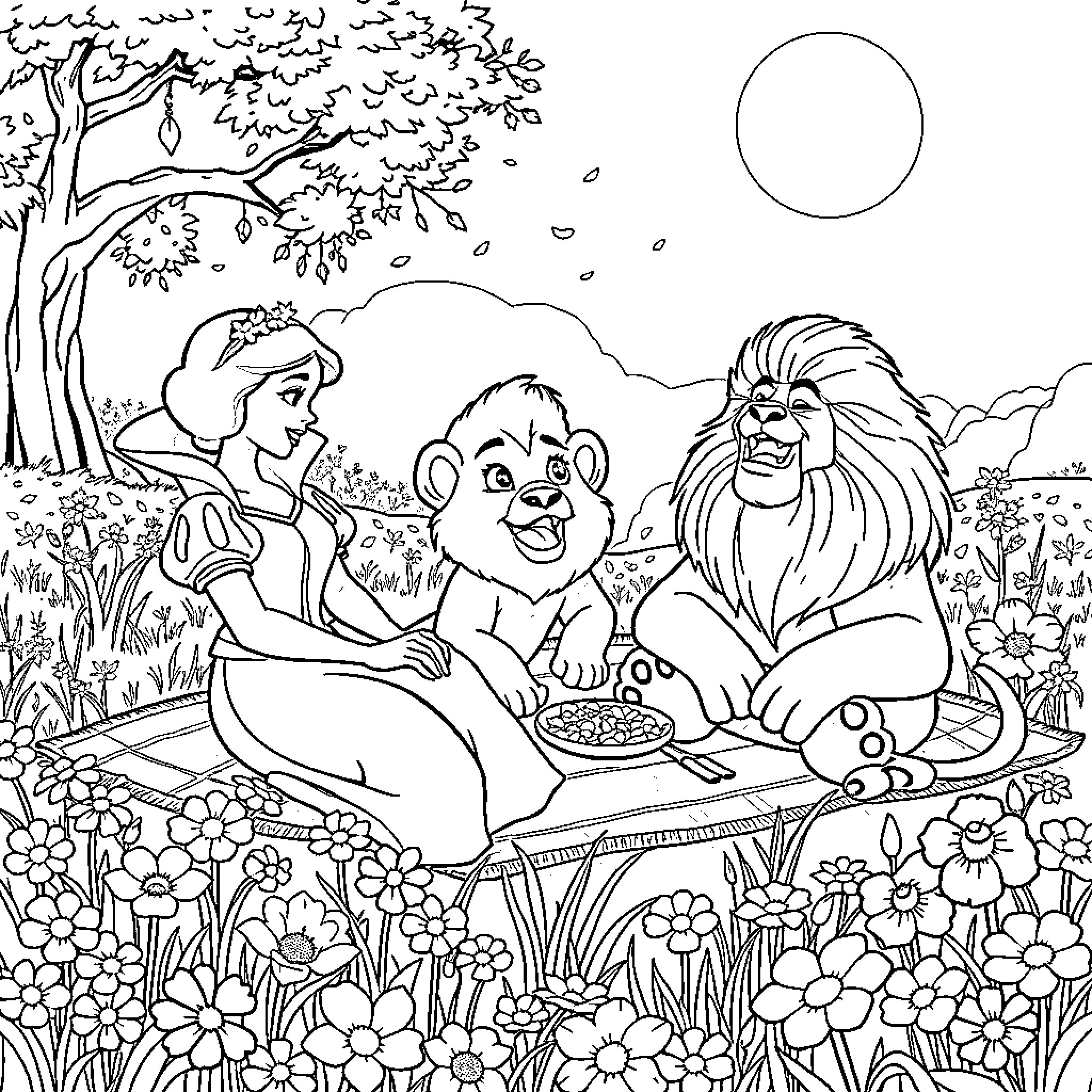 Character enjoying meal with animal companions in nature Coloring Page (free black-and-white line drawing printable PDF for all, from beginners to advanced learners, including children, teens, adults, and seniors)
