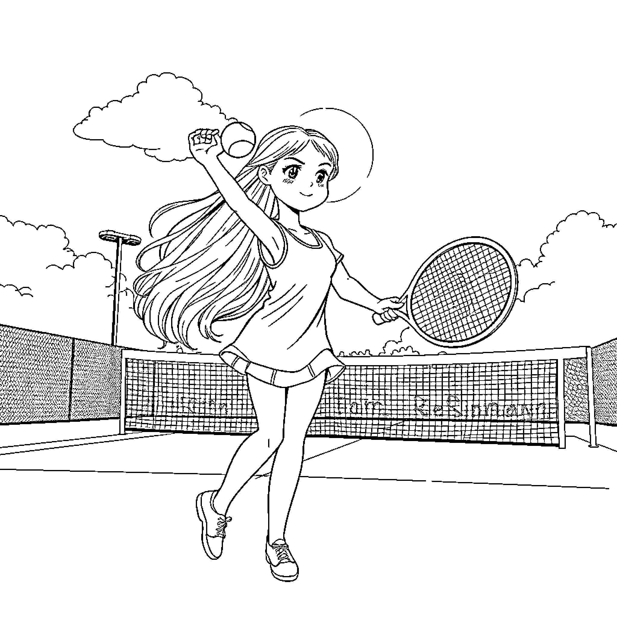 Girl playing tennis on the court Coloring Page (free black-and-white line drawing printable PDF for all, from beginners to advanced learners, including children, teens, adults, and seniors)