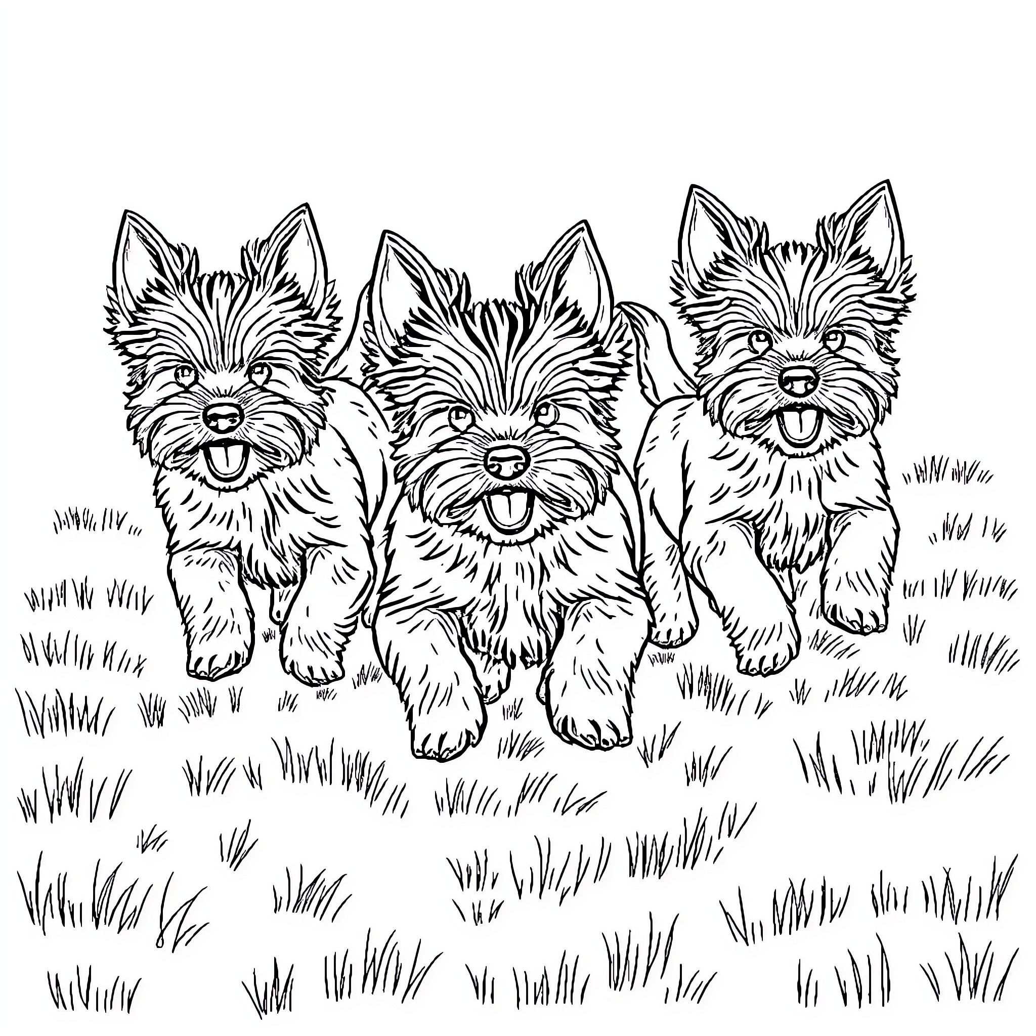 Yorkie puppies playing happily in the grass Coloring Page (free black-and-white line drawing printable PDF for all, from beginners to advanced learners, including children, teens, adults, and seniors)