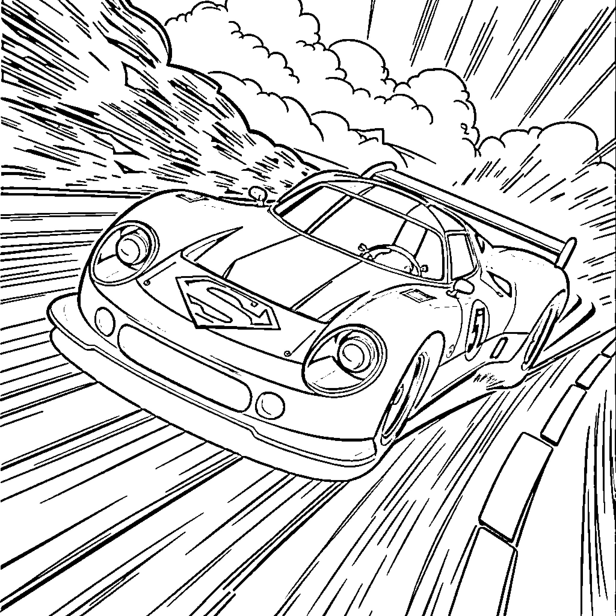 Superman's sports car racing through the sky Coloring Page (free black-and-white line drawing printable PDF for all, from beginners to advanced learners, including children, teens, adults, and seniors)