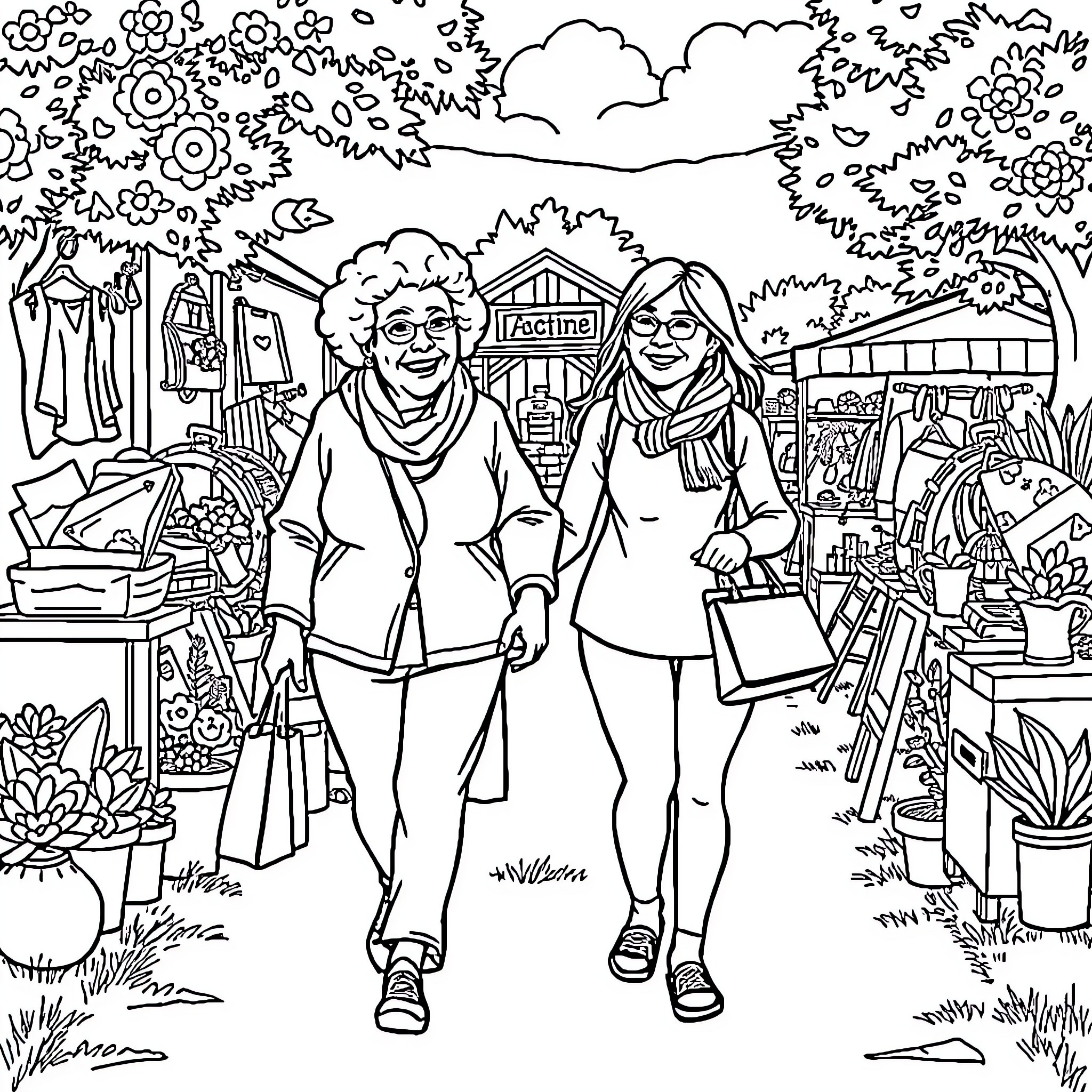 Grandma's Joyful Outing with a Friend Coloring Page (free black-and-white line drawing printable PDF for all, from beginners to advanced learners, including children, teens, adults, and seniors)
