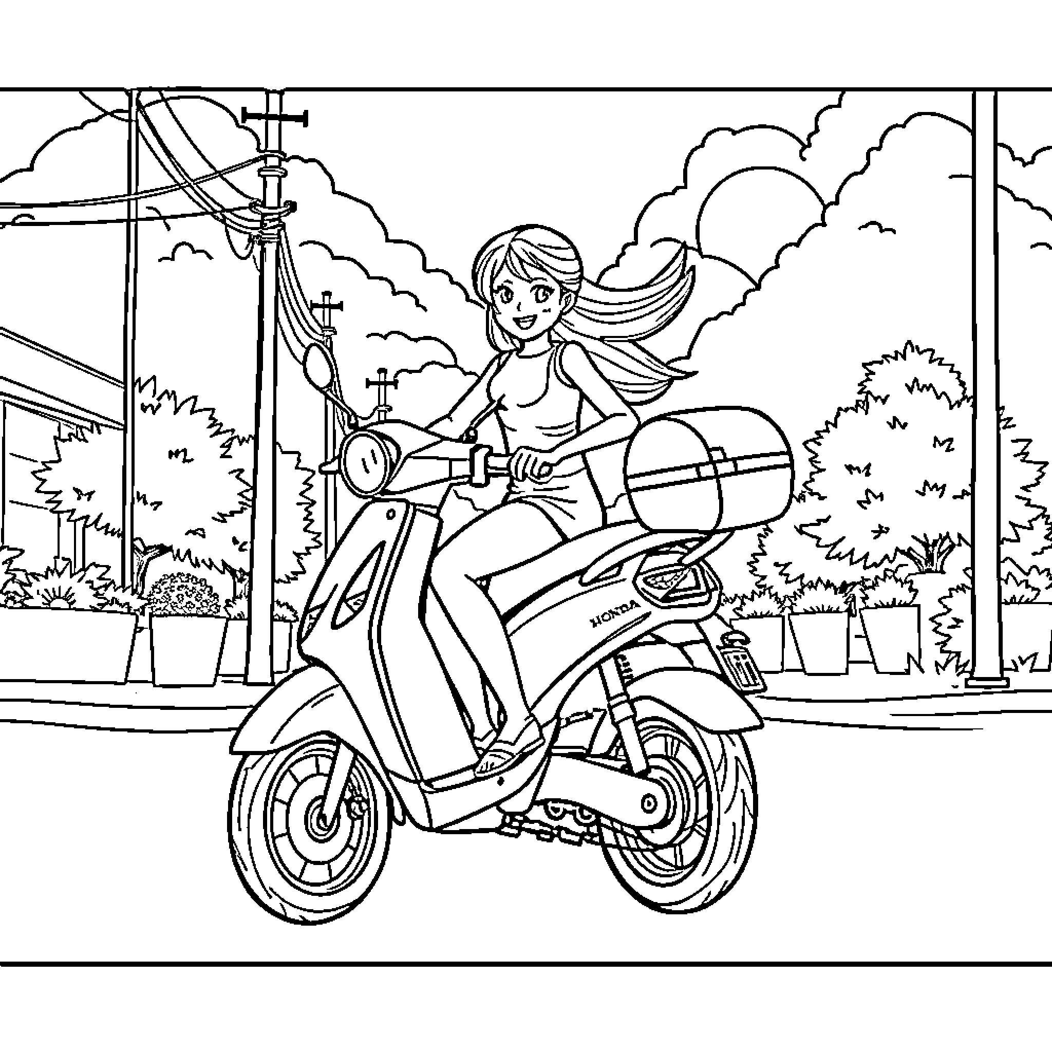 Girl riding scooter through city streets Coloring Page (free black-and-white line drawing printable PDF for all, from beginners to advanced learners, including children, teens, adults, and seniors)