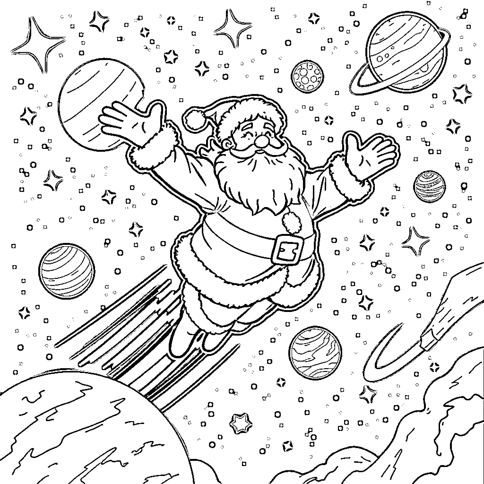 Santa Soaring Through the Cosmic Wonderland Coloring Page (free black-and-white line drawing printable PDF for all, from beginners to advanced learners, including children, teens, adults, and seniors)