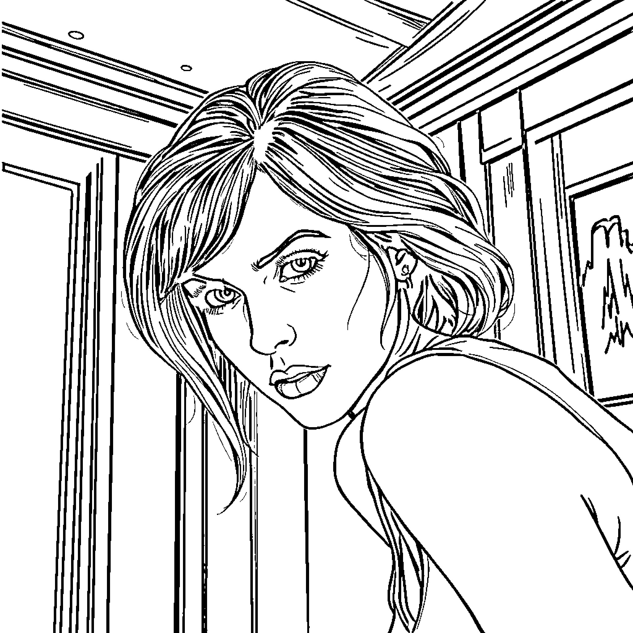 Woman with Pensive Expression in Graphic Setting Coloring Page (free black-and-white line drawing printable PDF for all, from beginners to advanced learners, including children, teens, adults, and seniors)