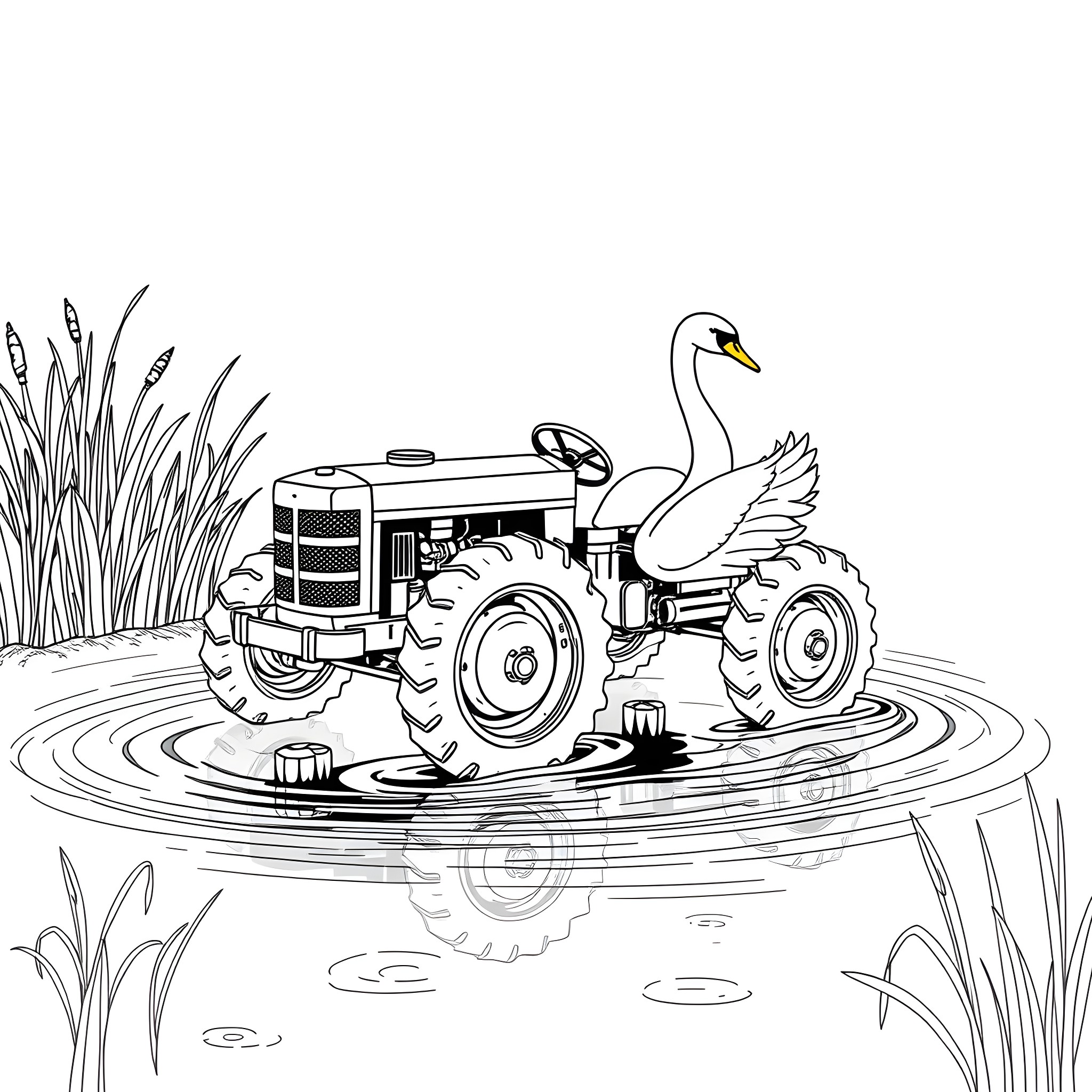 Swan driving tractor through pond Coloring Page (free black-and-white line drawing printable PDF for all, from beginners to advanced learners, including children, teens, adults, and seniors)