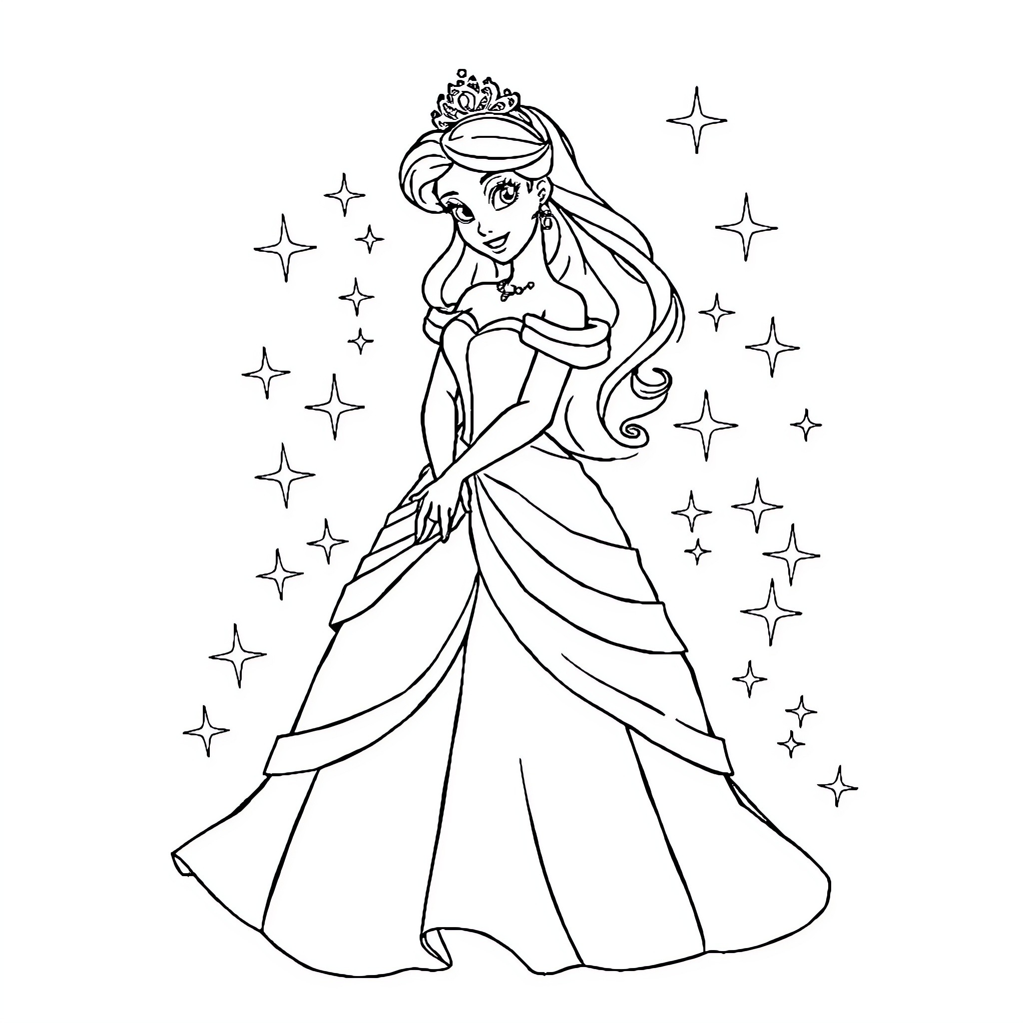 Princess in a Sparkling Gown and Crown Coloring Page (free black-and-white line drawing printable PDF for all, from beginners to advanced learners, including children, teens, adults, and seniors)