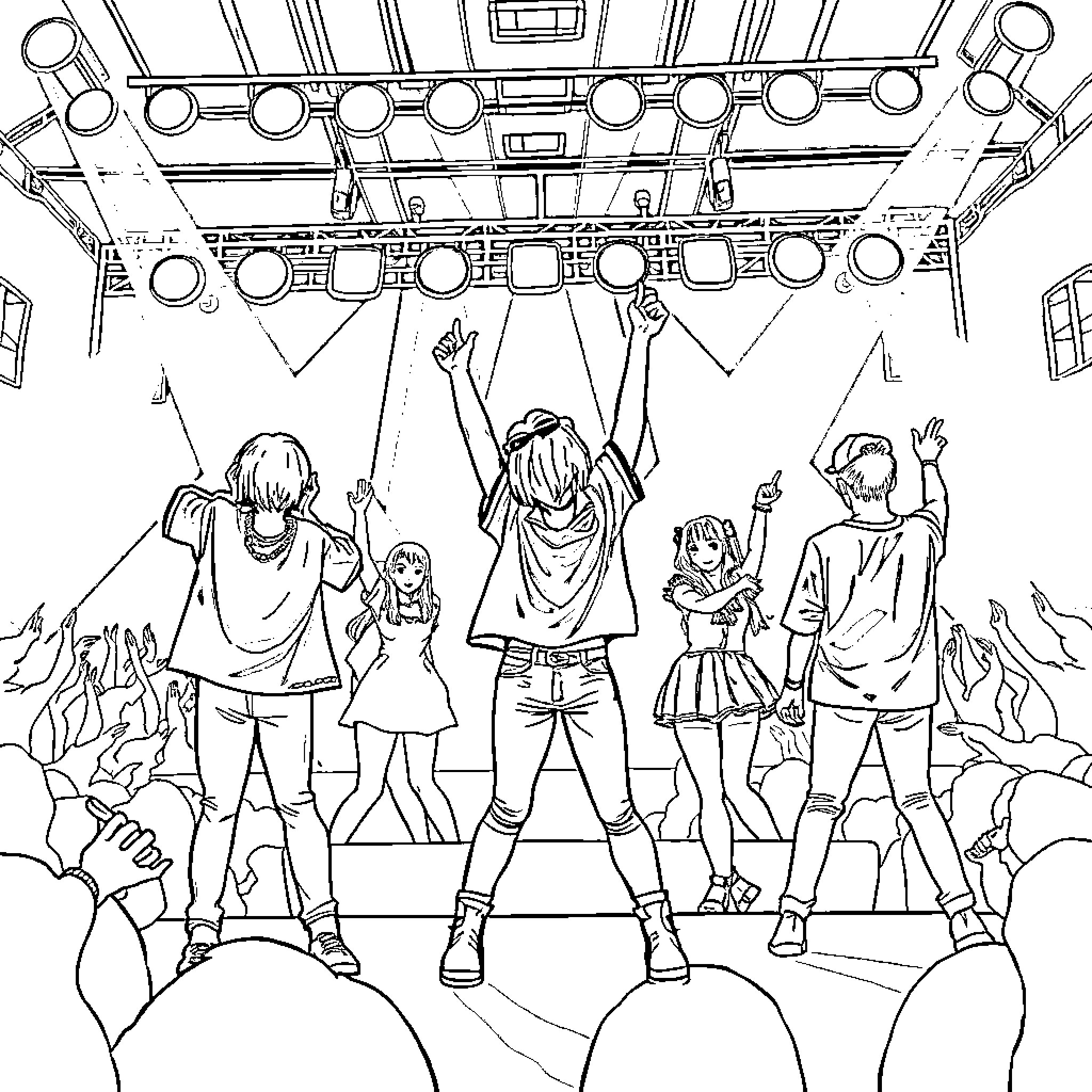 K Pop Performers Dancing Passionately on Stage Coloring Page (free black-and-white line drawing printable PDF for all, from beginners to advanced learners, including children, teens, adults, and seniors)