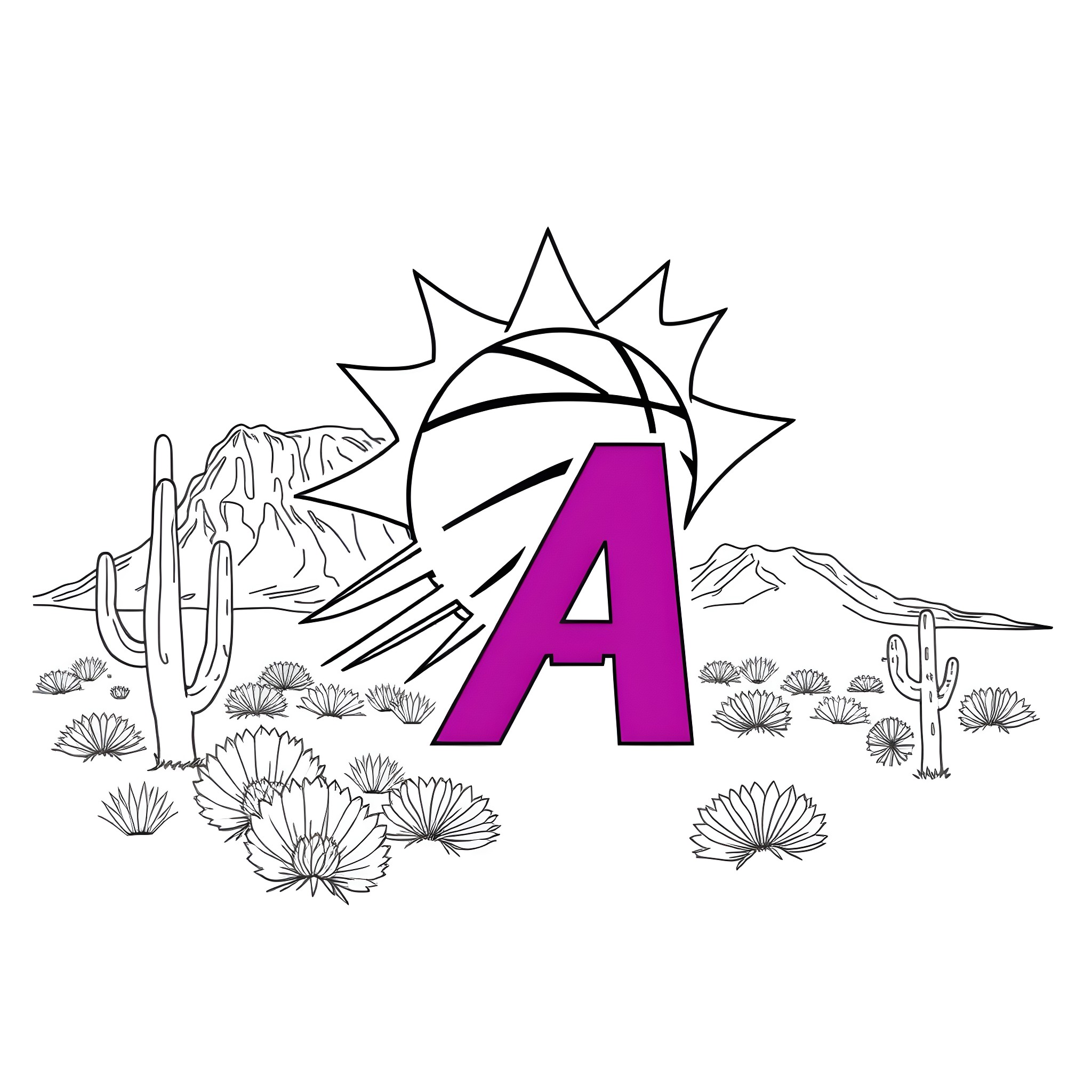 Phoenix in the Desert with Blooming Flowers Coloring Page (free black-and-white line drawing printable PDF for all, from beginners to advanced learners, including children, teens, adults, and seniors)