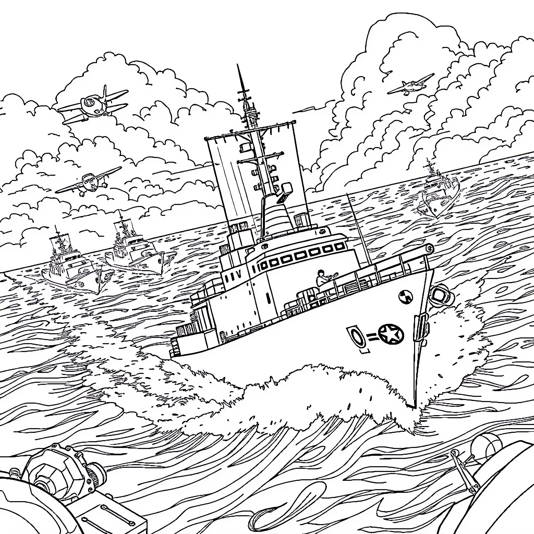 Minesweeper naval ships battling through rough seas Coloring Page (free black-and-white line drawing printable PDF for all, from beginners to advanced learners, including children, teens, adults, and seniors)
