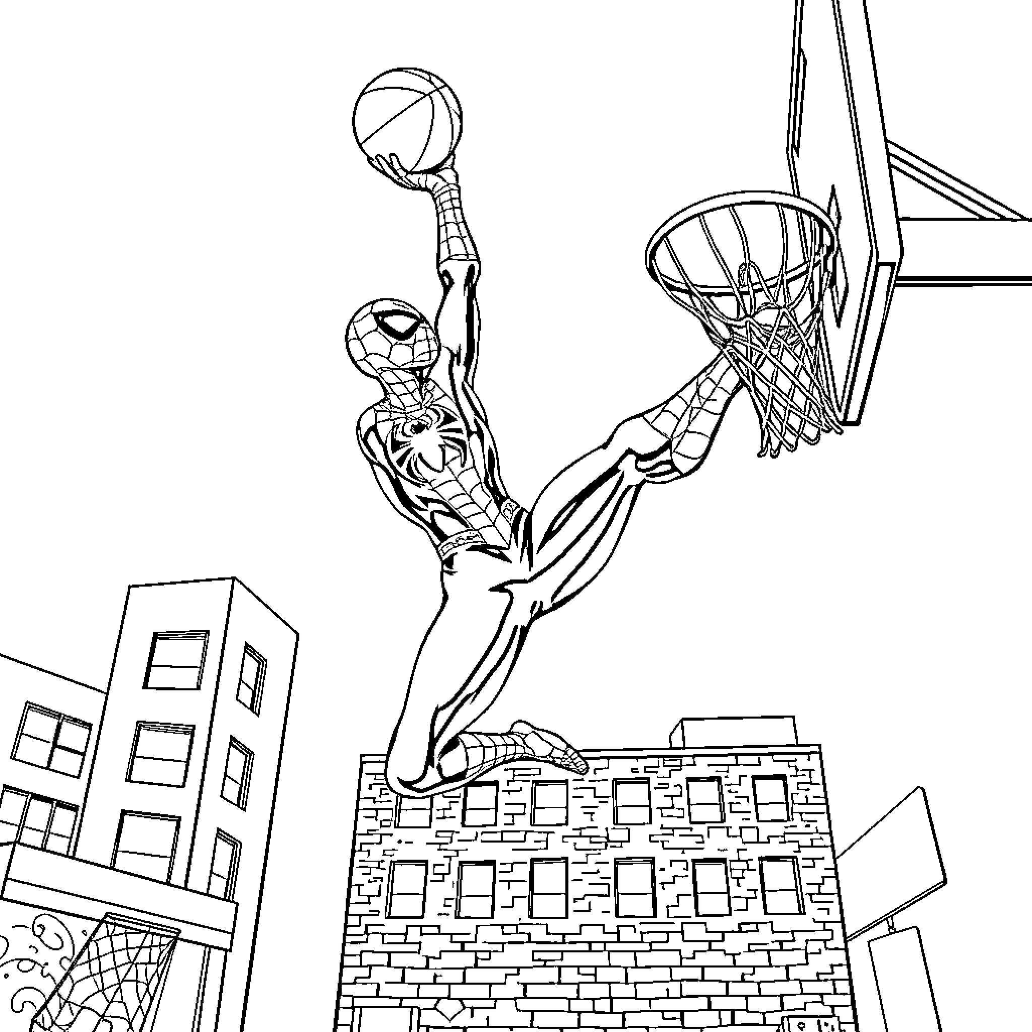 Spiderman's Slam Dunk: Heroic Basketball Skills Coloring Page (free black-and-white line drawing printable PDF for all, from beginners to advanced learners, including children, teens, adults, and seniors)