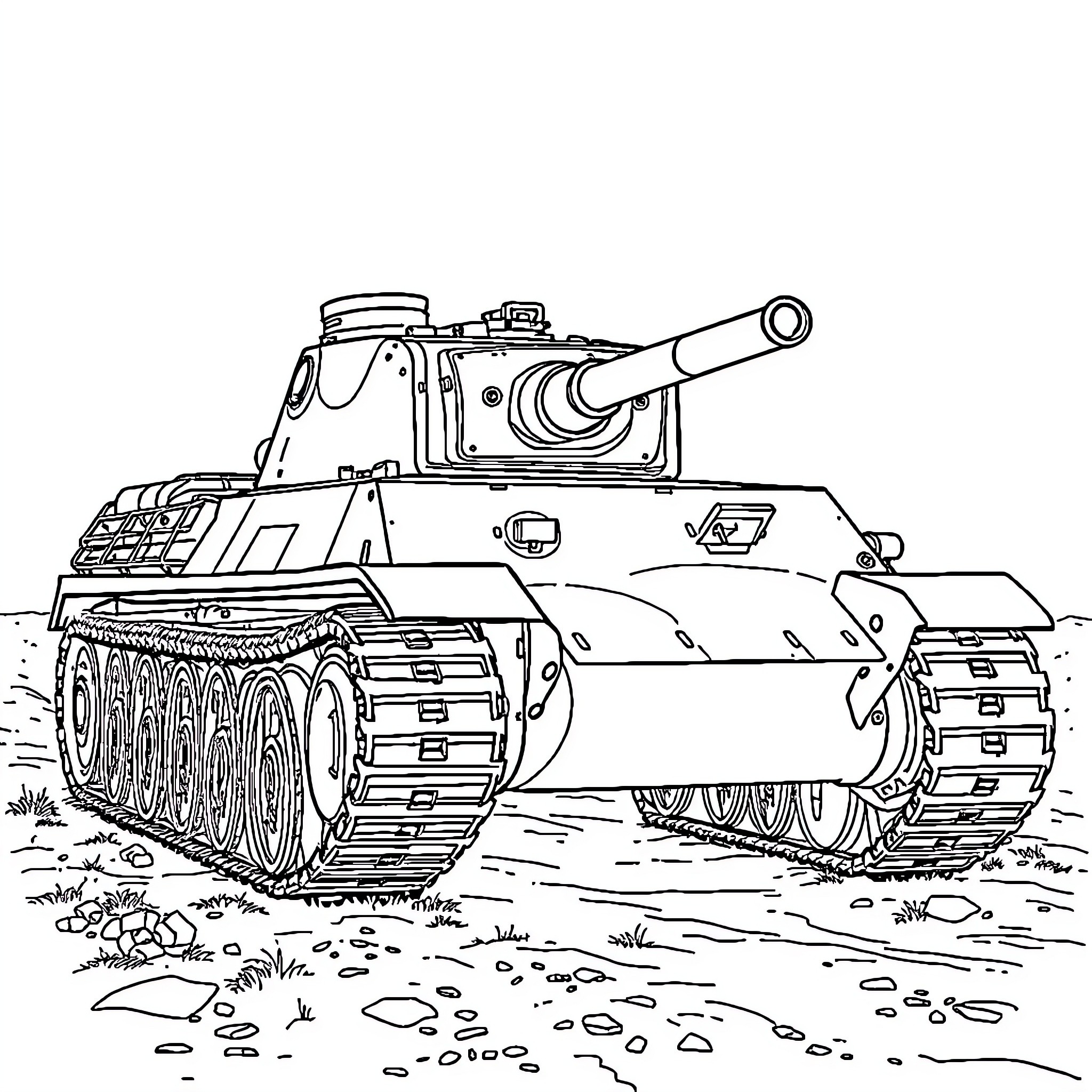 Panzer 3 tank on the battlefield Coloring Page (free black-and-white line drawing printable PDF for all, from beginners to advanced learners, including children, teens, adults, and seniors)
