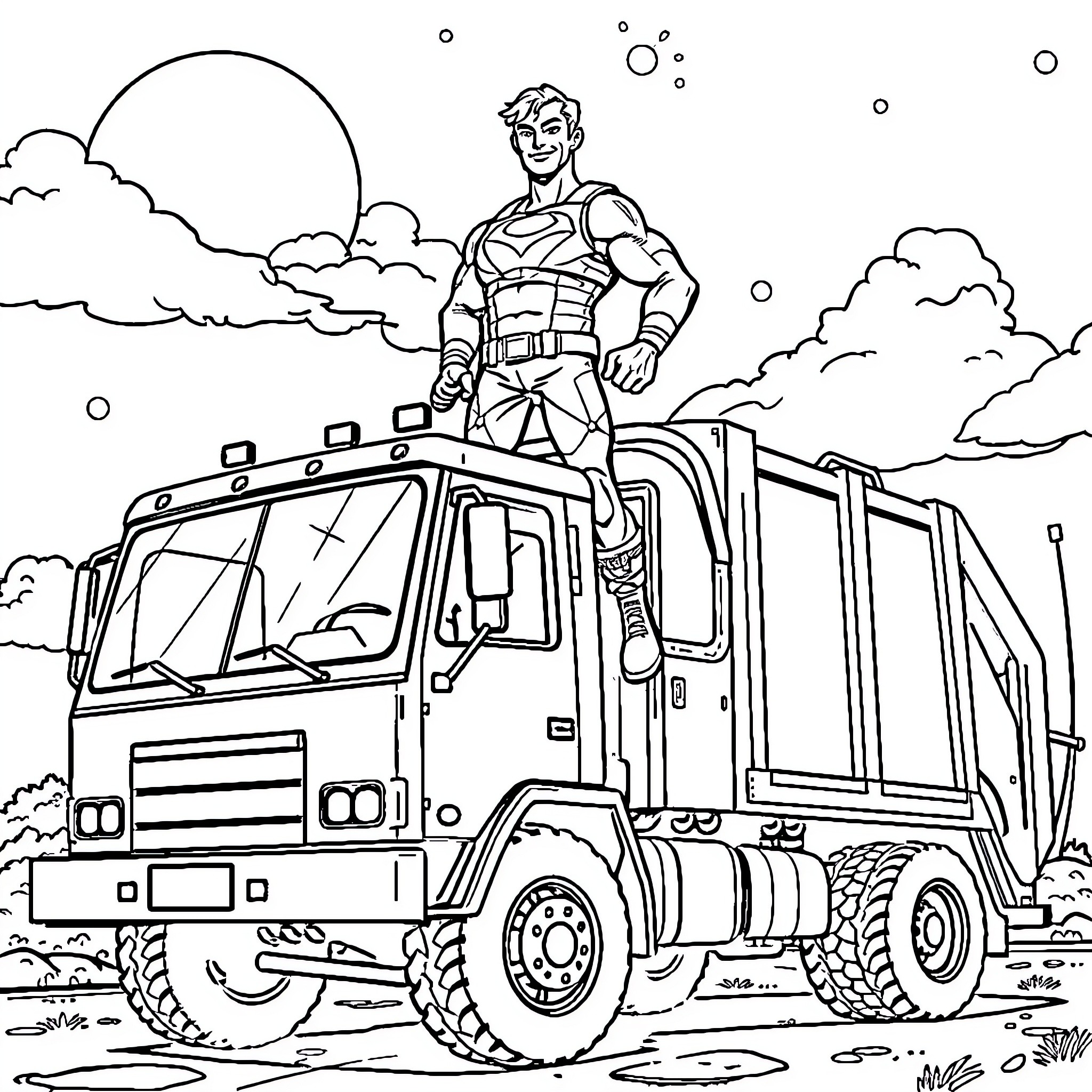 Captain Planet saves the day with his recycling truck Coloring Page (free black-and-white line drawing printable PDF for all, from beginners to advanced learners, including children, teens, adults, and seniors)