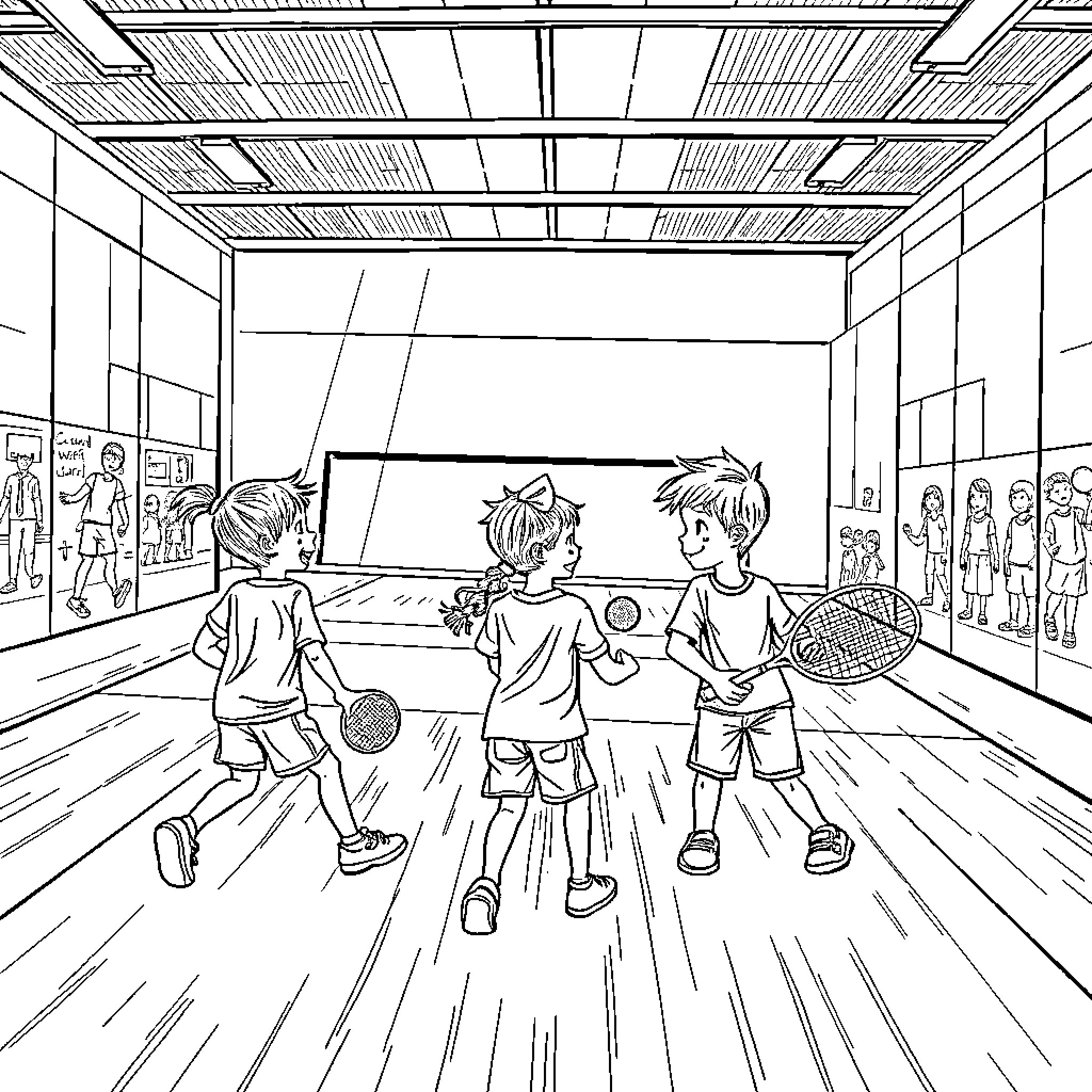 Kid Playing Badminton in Indoor Court Coloring Page (free black-and-white line drawing printable PDF for all, from beginners to advanced learners, including children, teens, adults, and seniors)