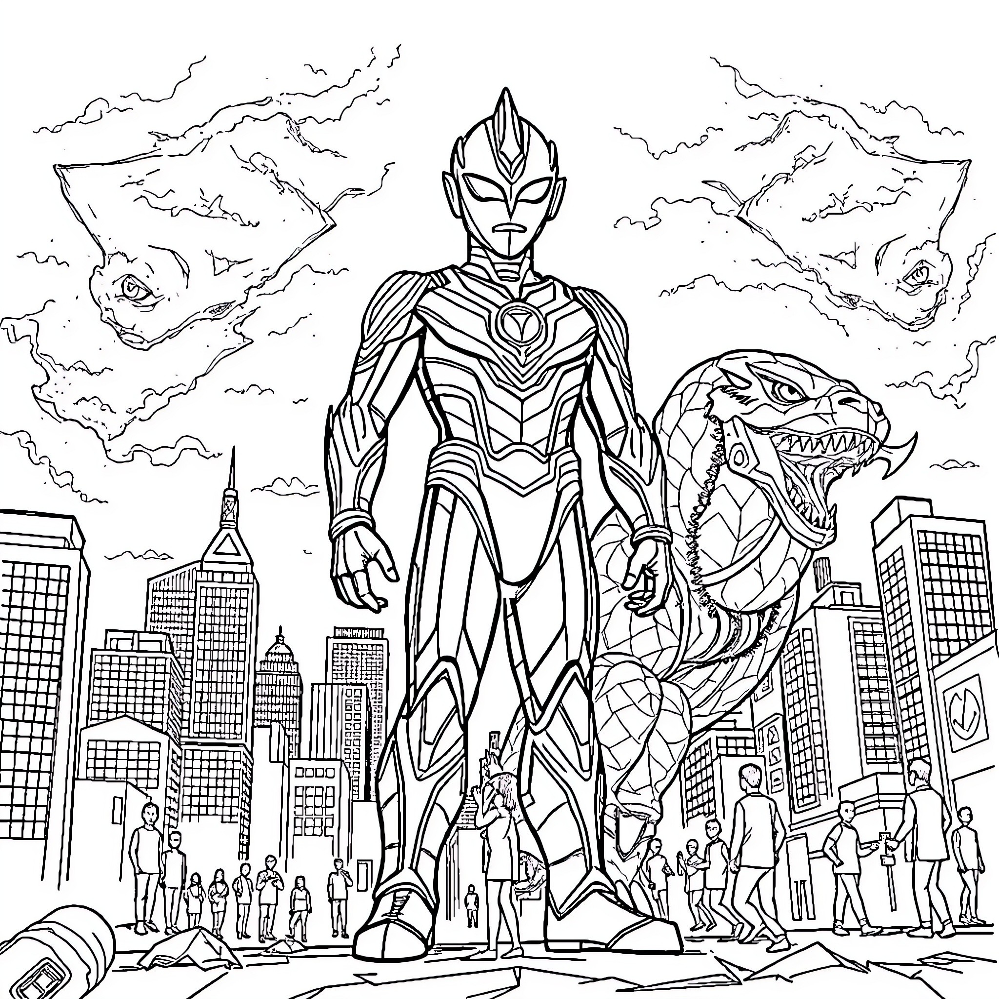 Ultraman battles giant monsters in the city Coloring Page (free black-and-white line drawing printable PDF for all, from beginners to advanced learners, including children, teens, adults, and seniors)