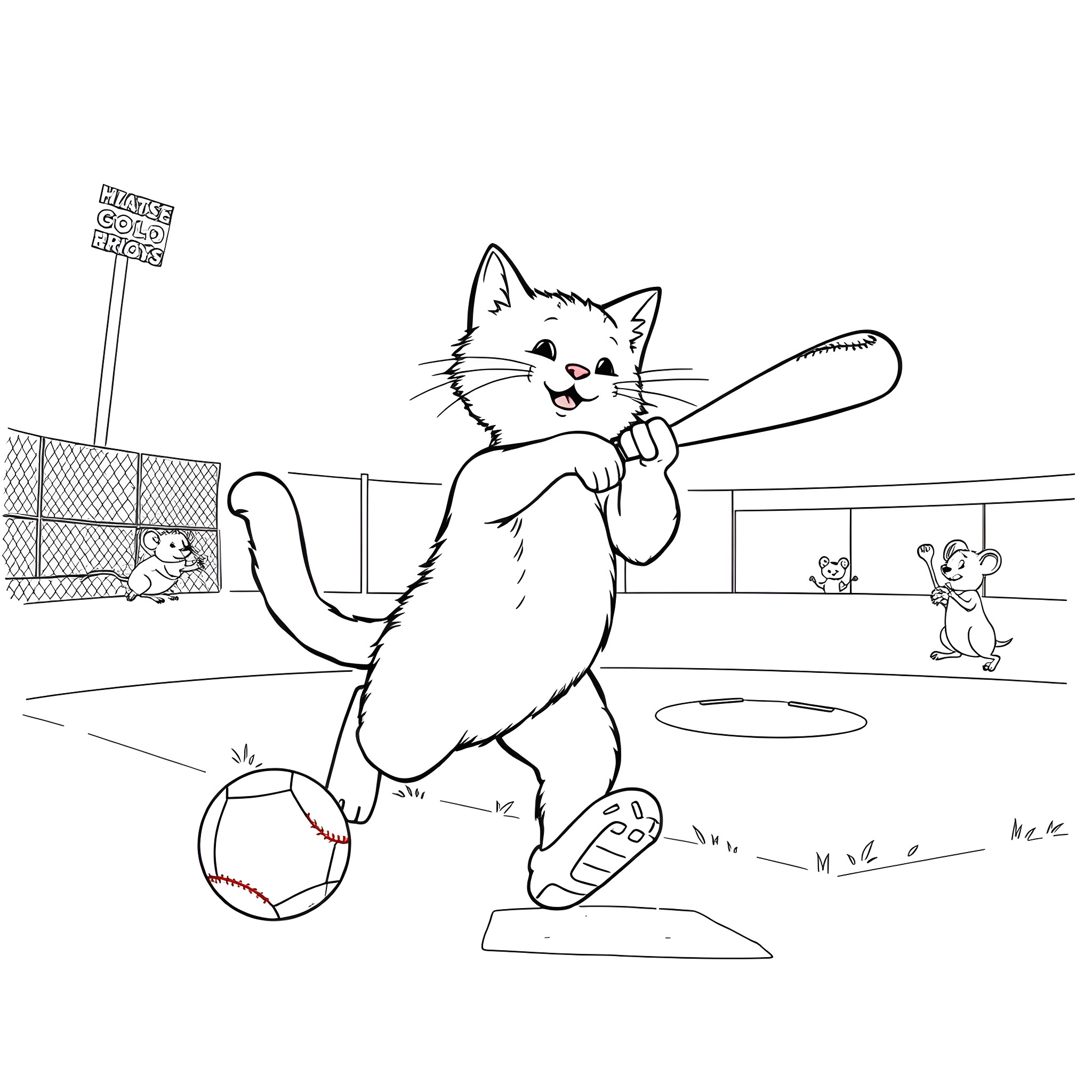 Cat playing baseball in stadium Coloring Page (free black-and-white line drawing printable PDF for all, from beginners to advanced learners, including children, teens, adults, and seniors)