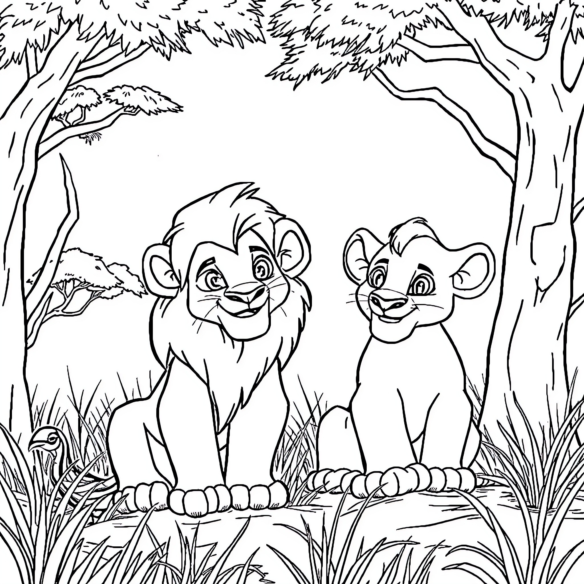 Lion siblings exploring the forest Coloring Page (free black-and-white line drawing printable PDF for all, from beginners to advanced learners, including children, teens, adults, and seniors)