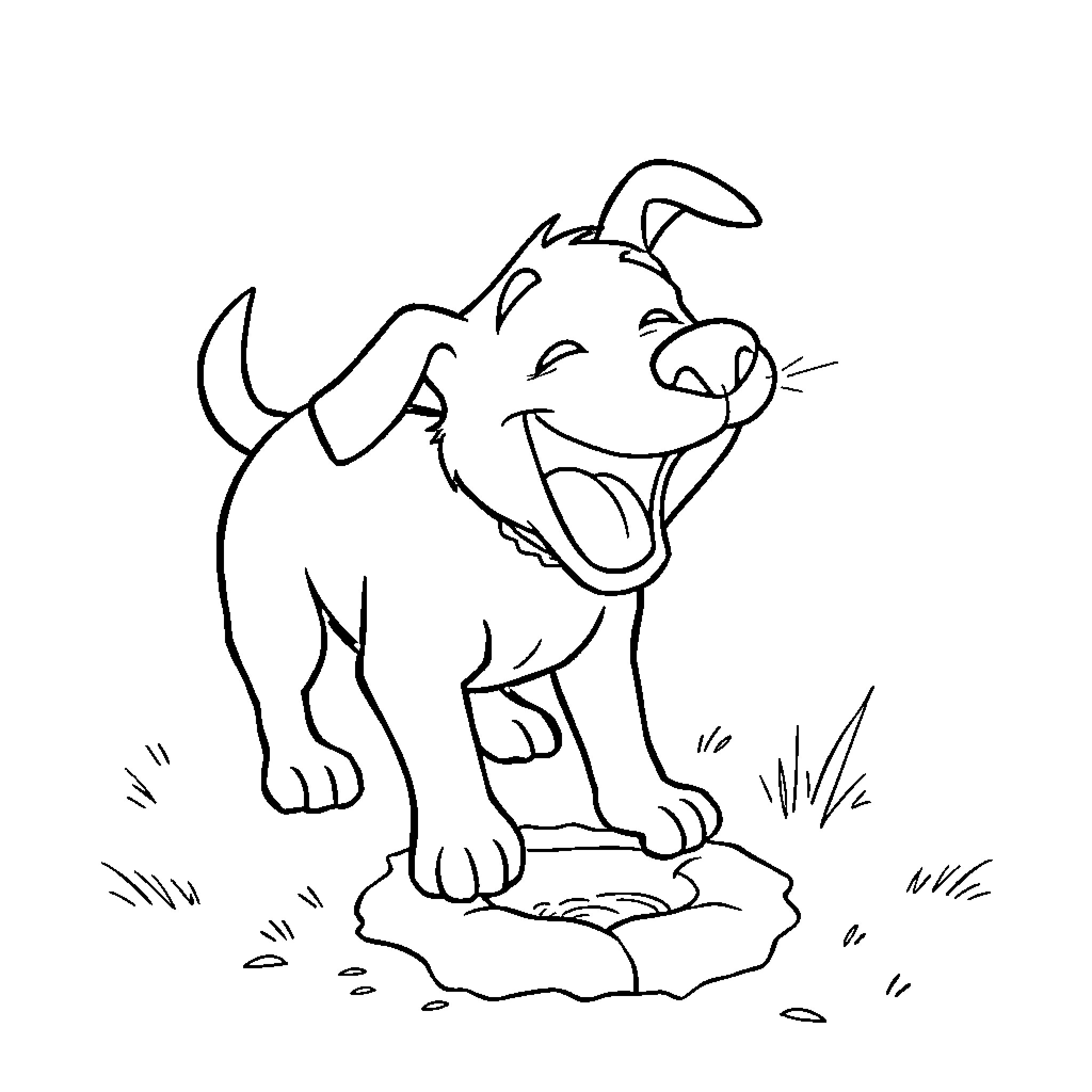 Dog happily standing on a rock Coloring Page (free black-and-white line drawing printable PDF for all, from beginners to advanced learners, including children, teens, adults, and seniors)