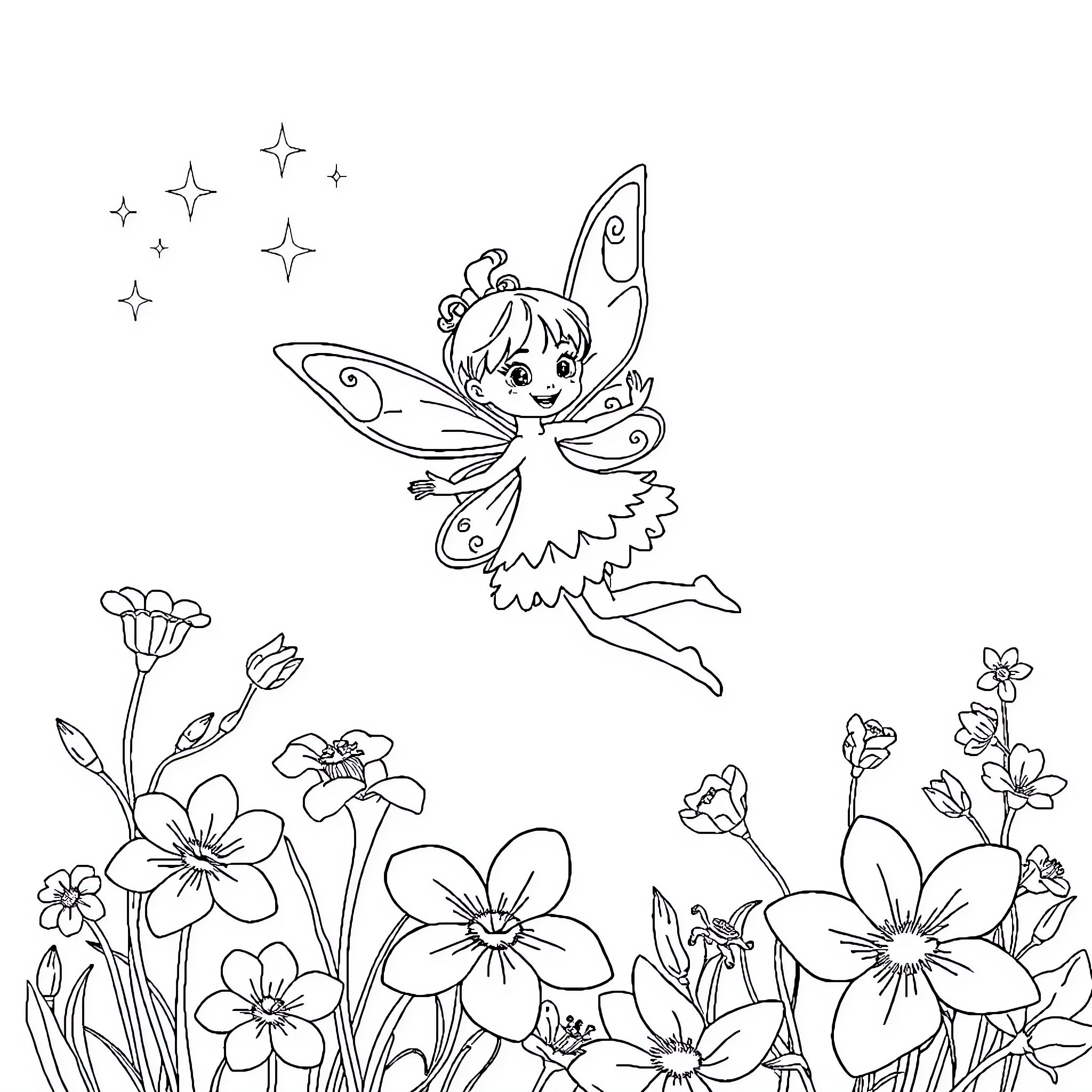 Fée Clochette dancing among the flowers Coloring Page (free black-and-white line drawing printable PDF for all, from beginners to advanced learners, including children, teens, adults, and seniors)