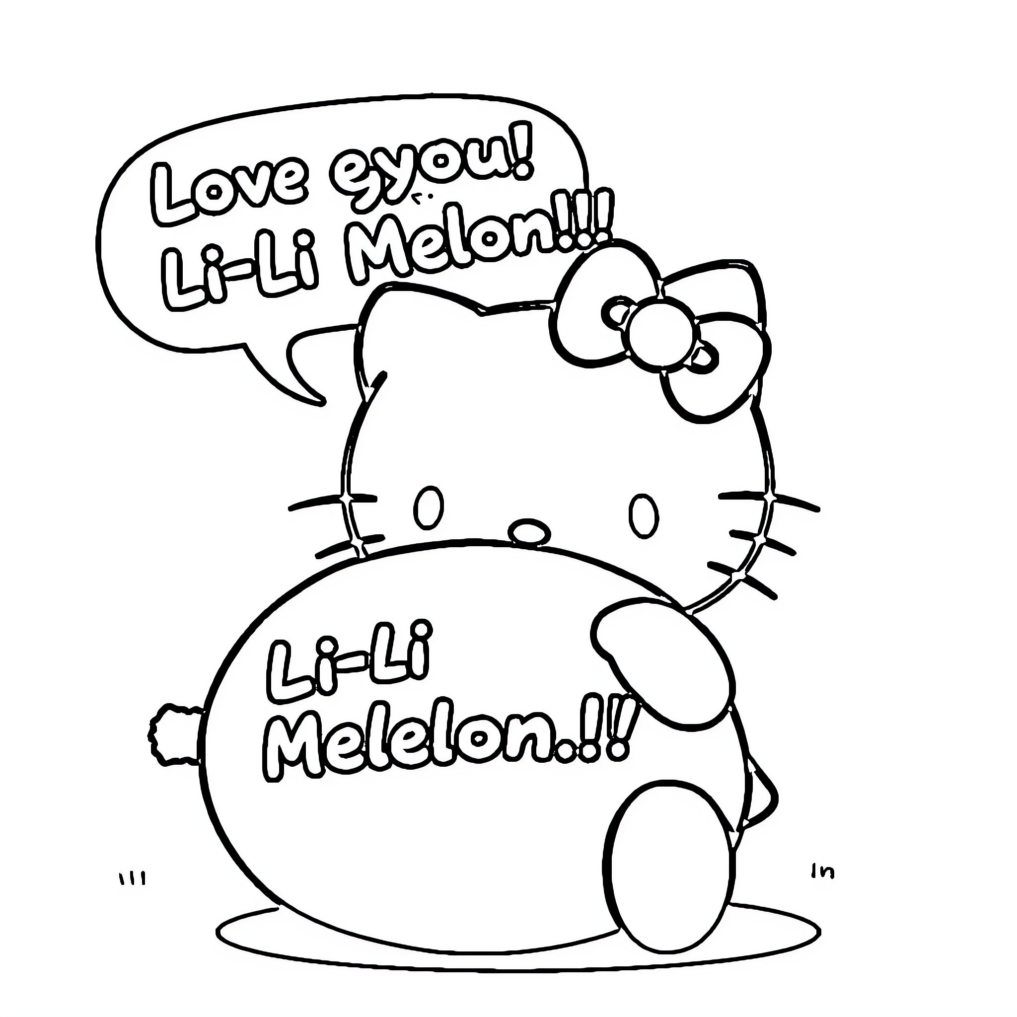 Hello Kitty expressing love for Li-Li Melon Coloring Page (free black-and-white line drawing printable PDF for all, from beginners to advanced learners, including children, teens, adults, and seniors)