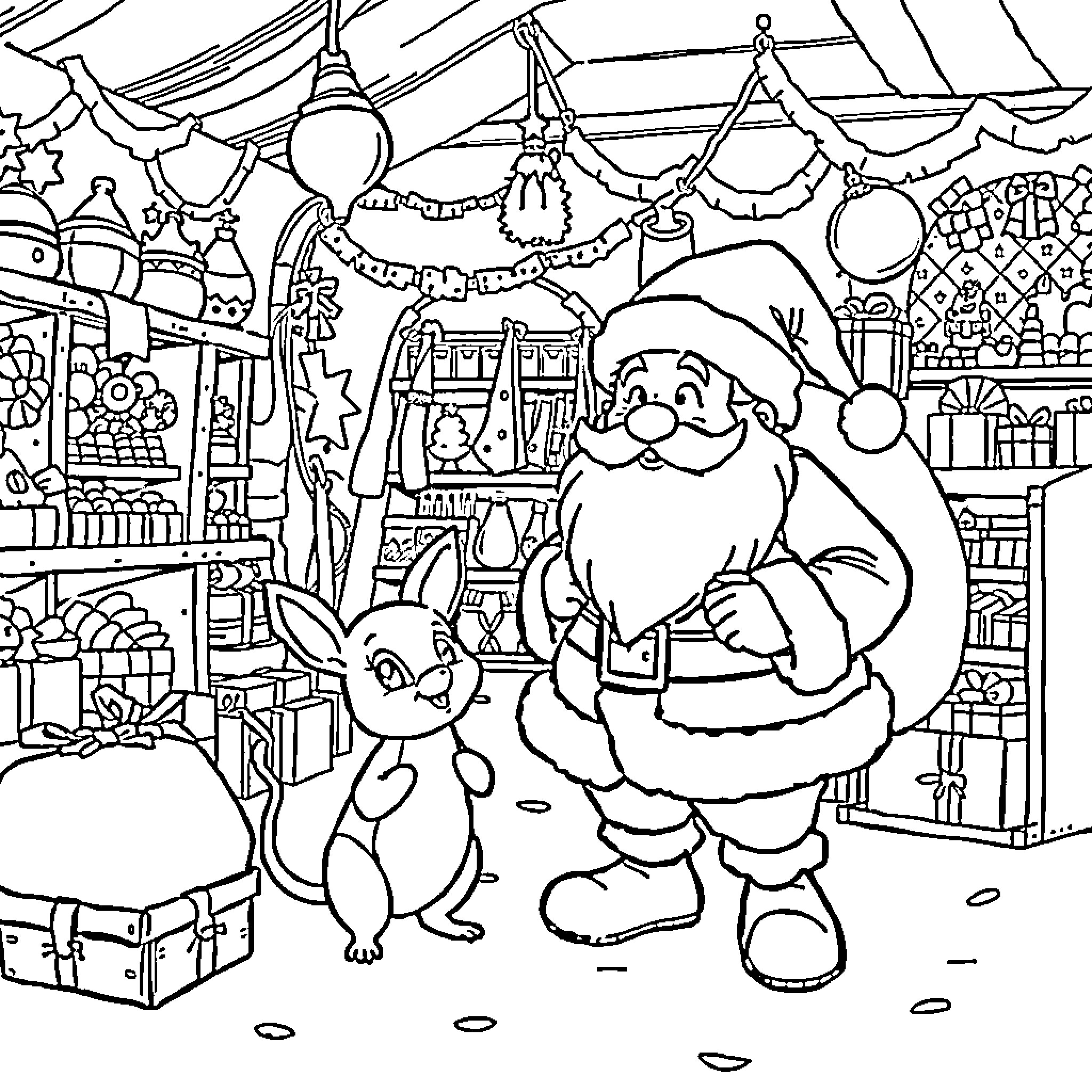 Santa Claus shopping with a rabbit companion Coloring Page (free black-and-white line drawing printable PDF for all, from beginners to advanced learners, including children, teens, adults, and seniors)