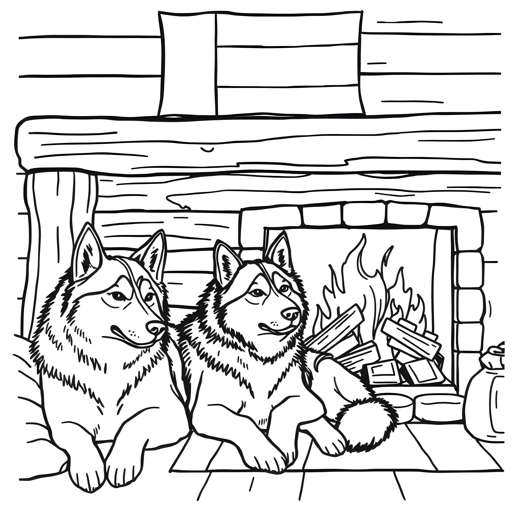 Dog Relaxing by the Fireplace Coloring Page (free black-and-white line drawing printable PDF for all, from beginners to advanced learners, including children, teens, adults, and seniors)