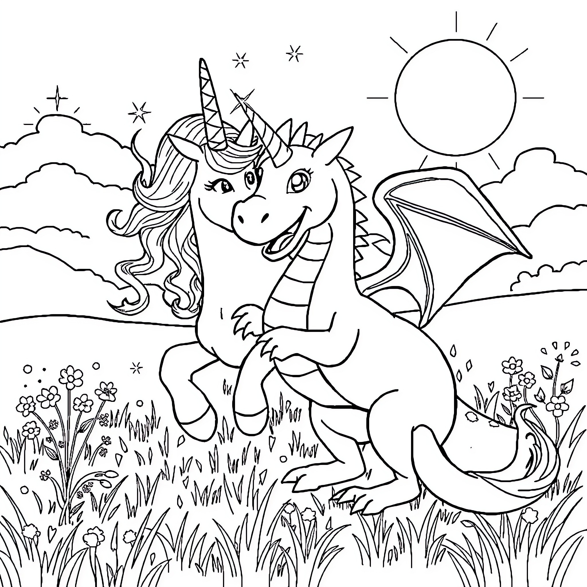 Unicorn dragon exploring a sunny meadow Coloring Page (free black-and-white line drawing printable PDF for all, from beginners to advanced learners, including children, teens, adults, and seniors)