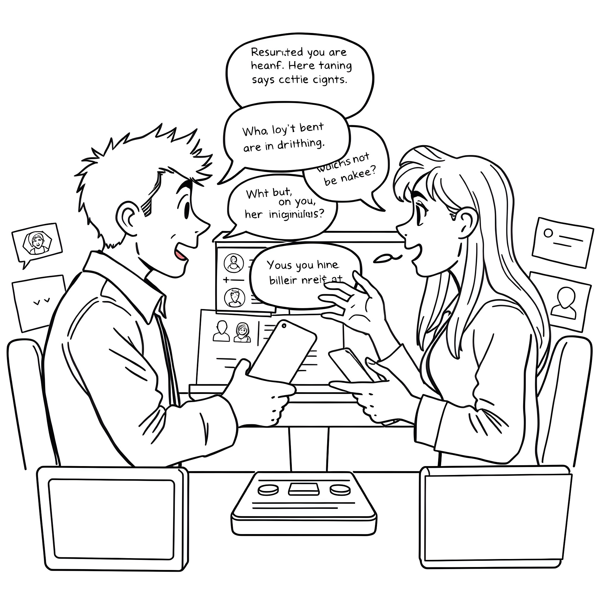 Person having conversation about online dating in office Coloring Page (free black-and-white line drawing printable PDF for all, from beginners to advanced learners, including children, teens, adults, and seniors)