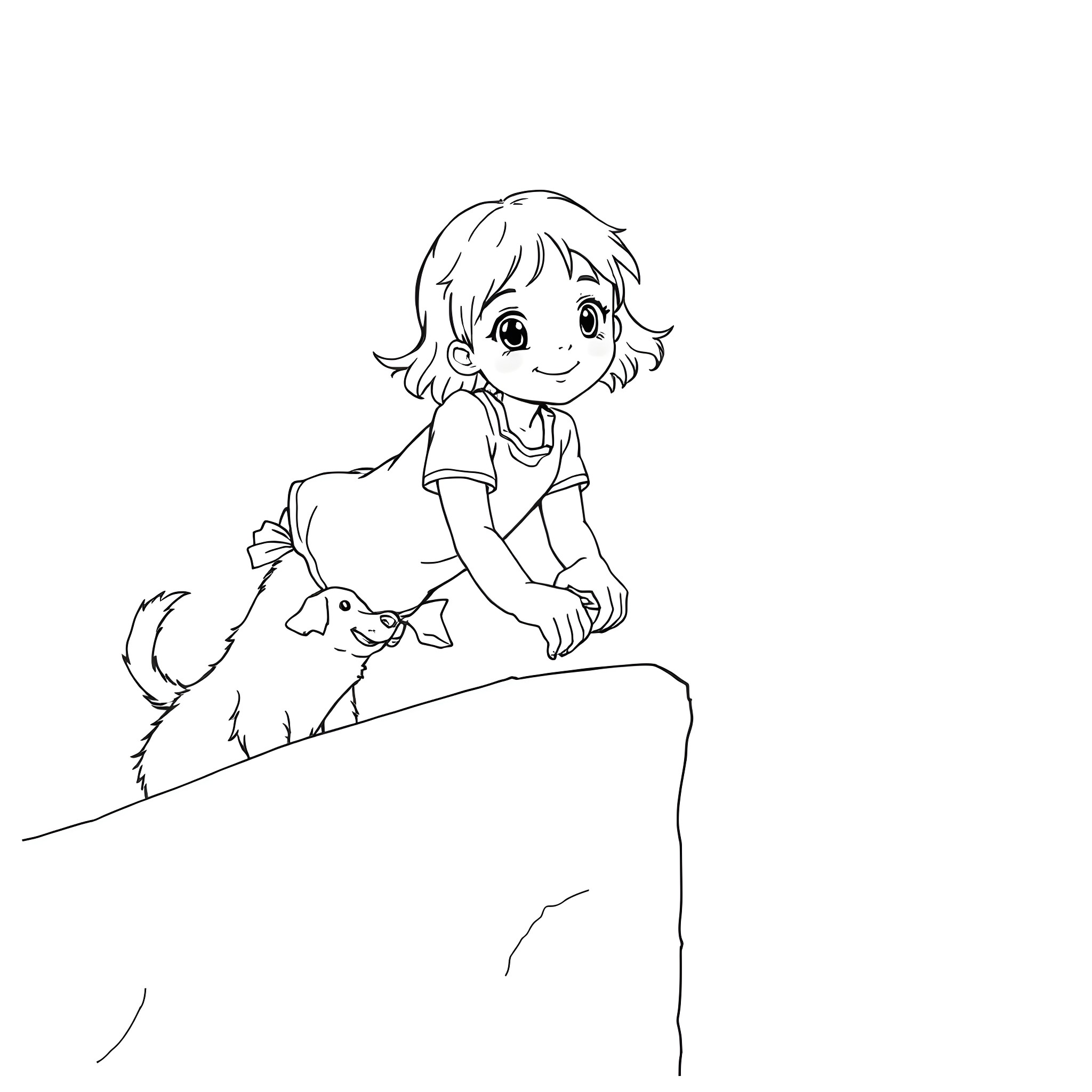 Girl playing with a puppy outdoors Coloring Page (free black-and-white line drawing printable PDF for all, from beginners to advanced learners, including children, teens, adults, and seniors)