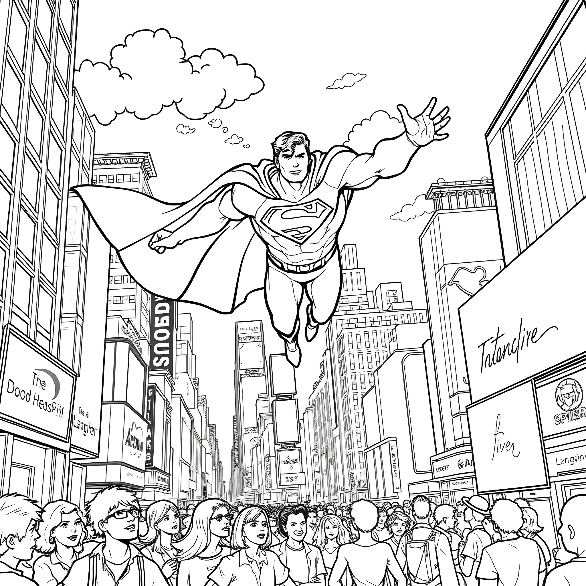 Superman flying over the busy city streets Coloring Page (free black-and-white line drawing printable PDF for all, from beginners to advanced learners, including children, teens, adults, and seniors)