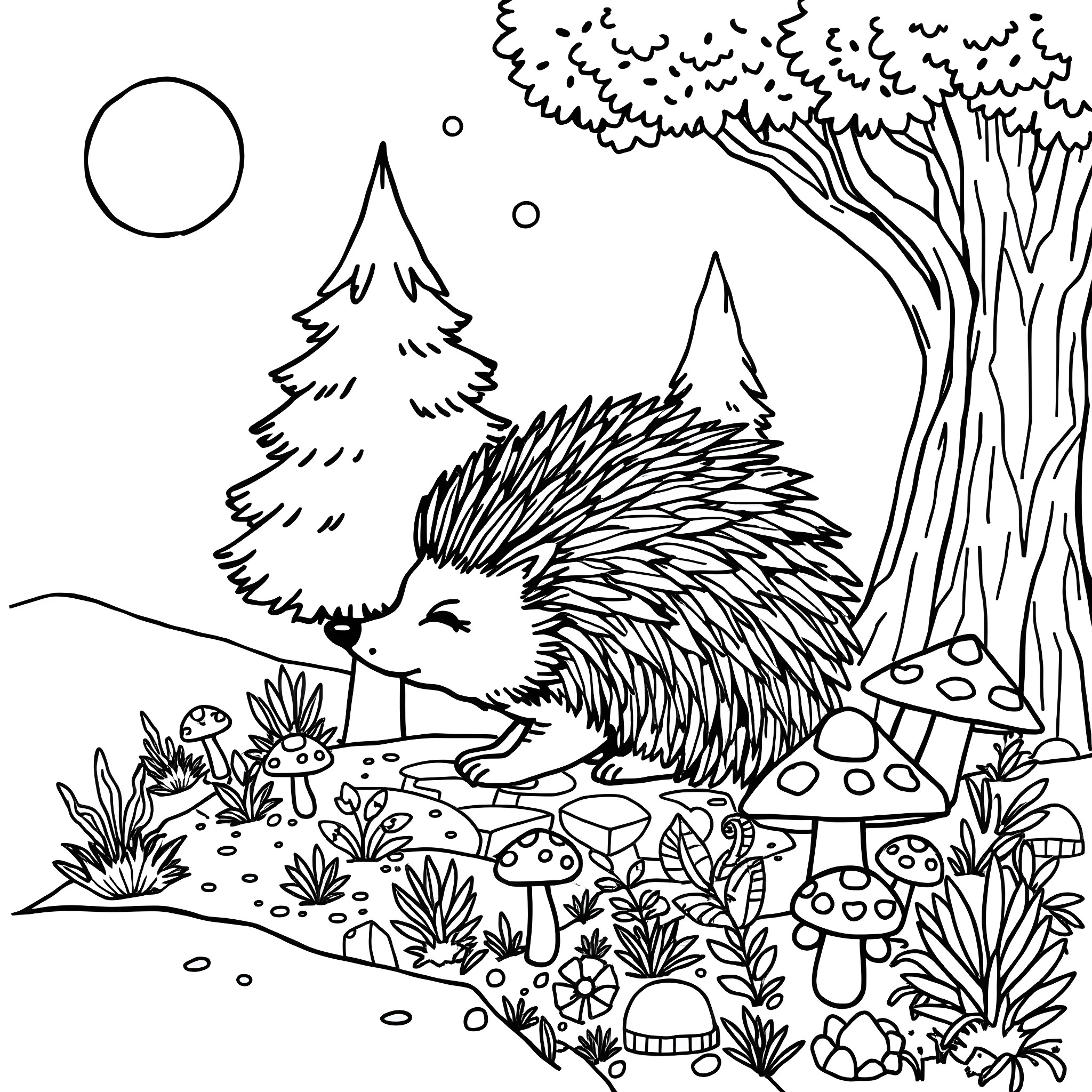 Hedgehog exploring a whimsical forest scene Coloring Page (free black-and-white line drawing printable PDF for all, from beginners to advanced learners, including children, teens, adults, and seniors)