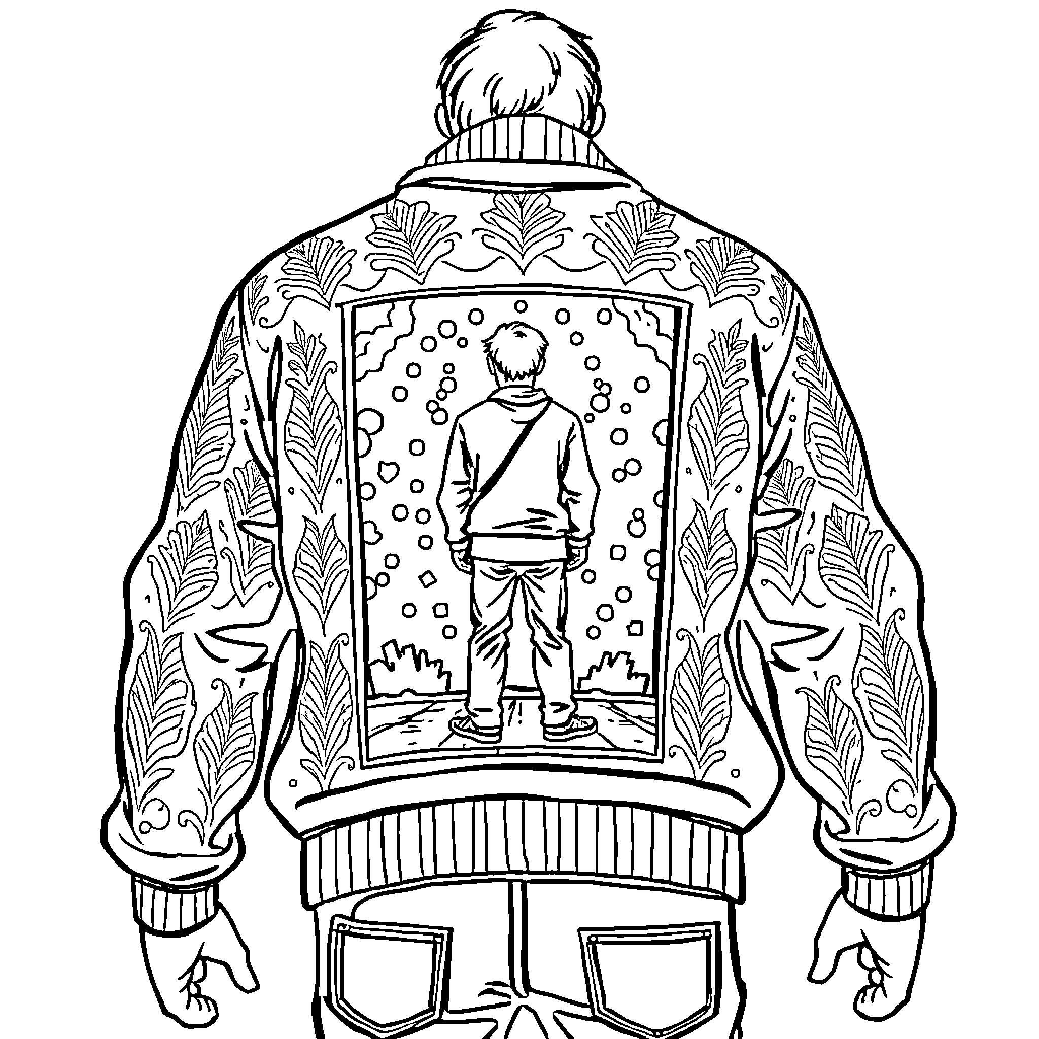 Sweater with intricate winter scene pattern Coloring Page (free black-and-white line drawing printable PDF for all, from beginners to advanced learners, including children, teens, adults, and seniors)