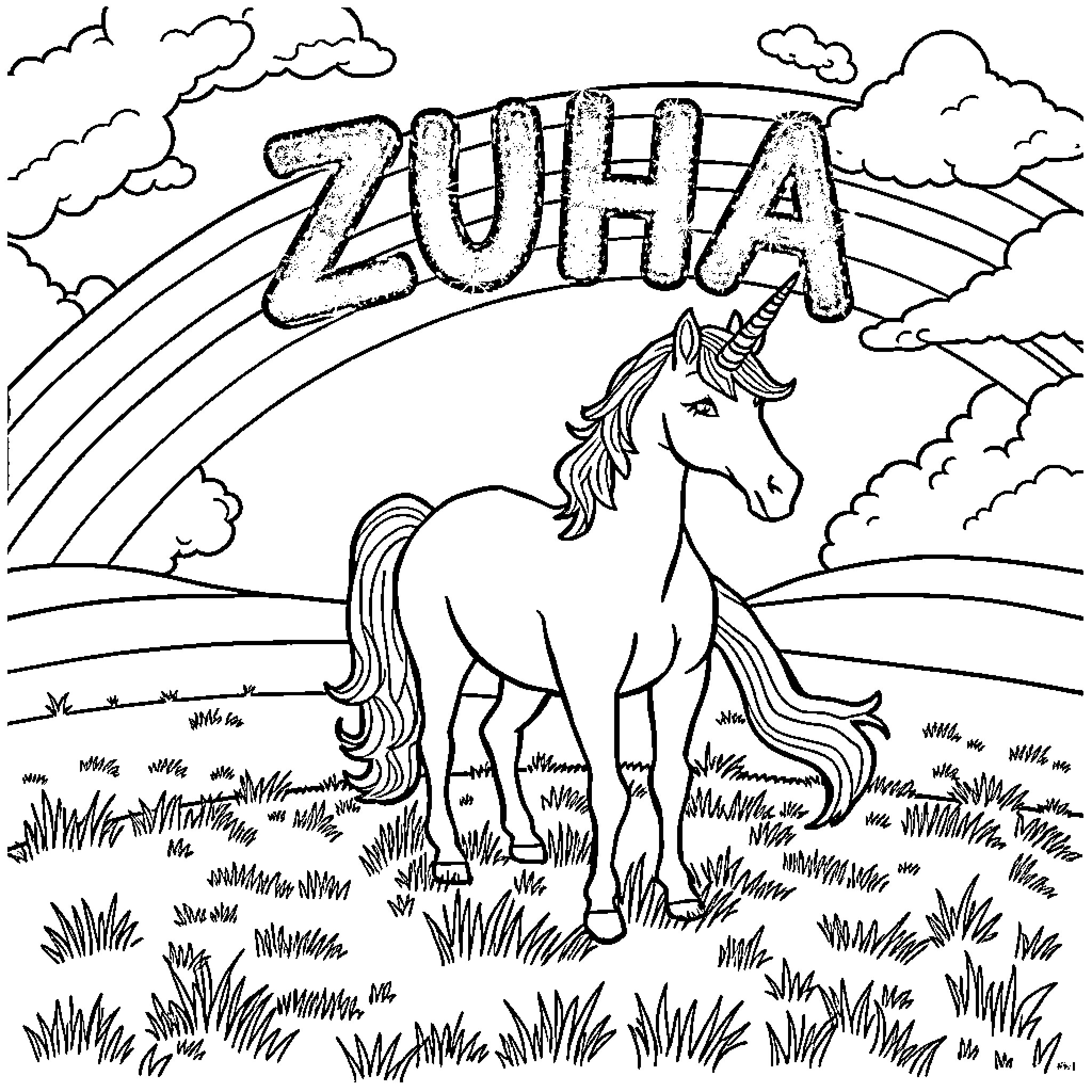 Unicorn standing proudly in a magical landscape Coloring Page (free black-and-white line drawing printable PDF for all, from beginners to advanced learners, including children, teens, adults, and seniors)
