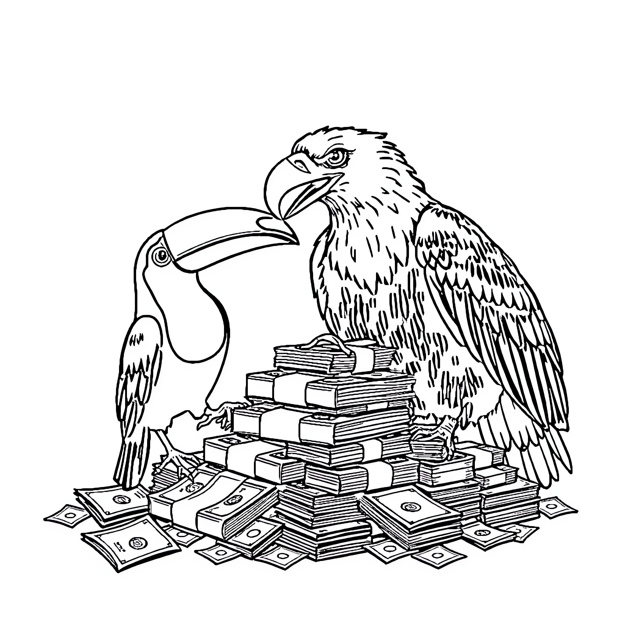Eagle guarding stack of money and gold Coloring Page (free black-and-white line drawing printable PDF for all, from beginners to advanced learners, including children, teens, adults, and seniors)