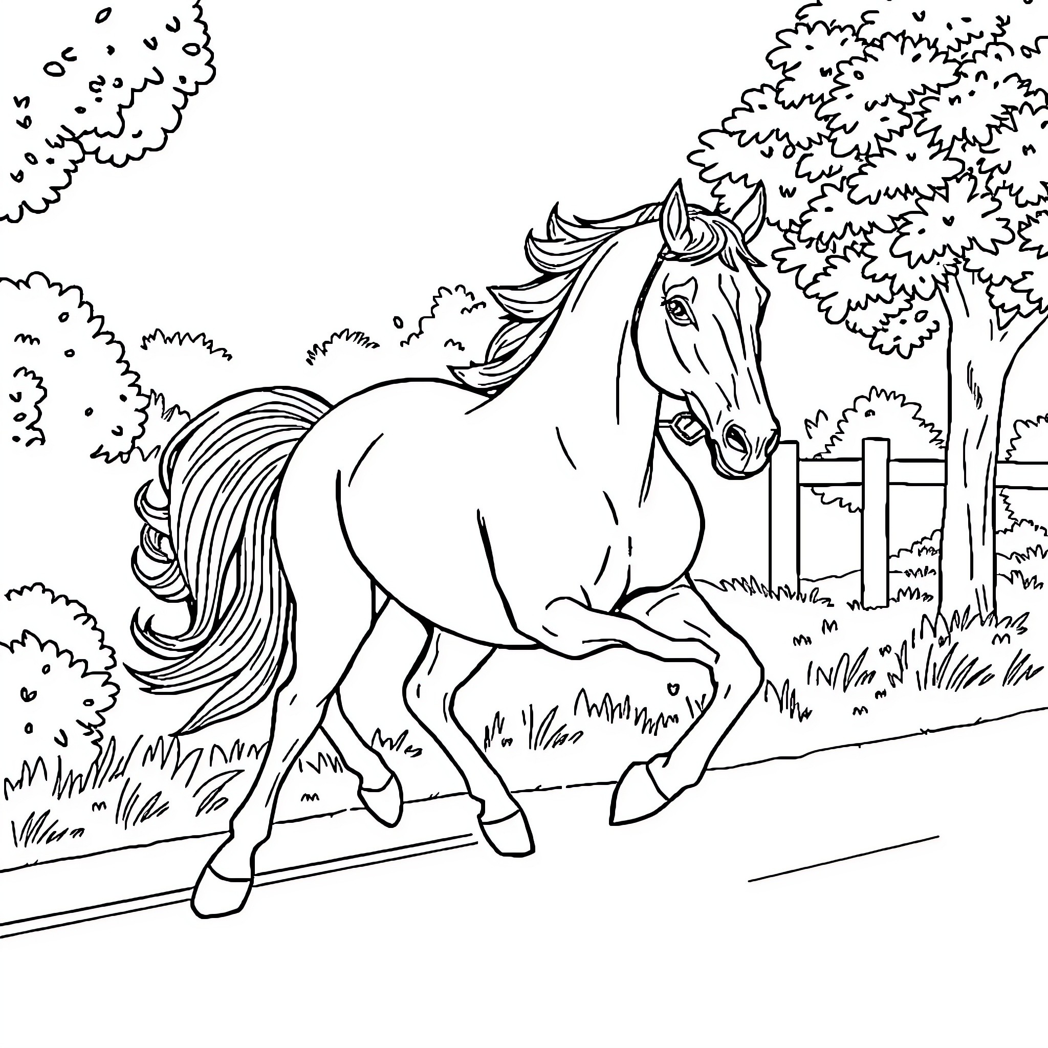 Horse galloping through a lush landscape Coloring Page (free black-and-white line drawing printable PDF for all, from beginners to advanced learners, including children, teens, adults, and seniors)