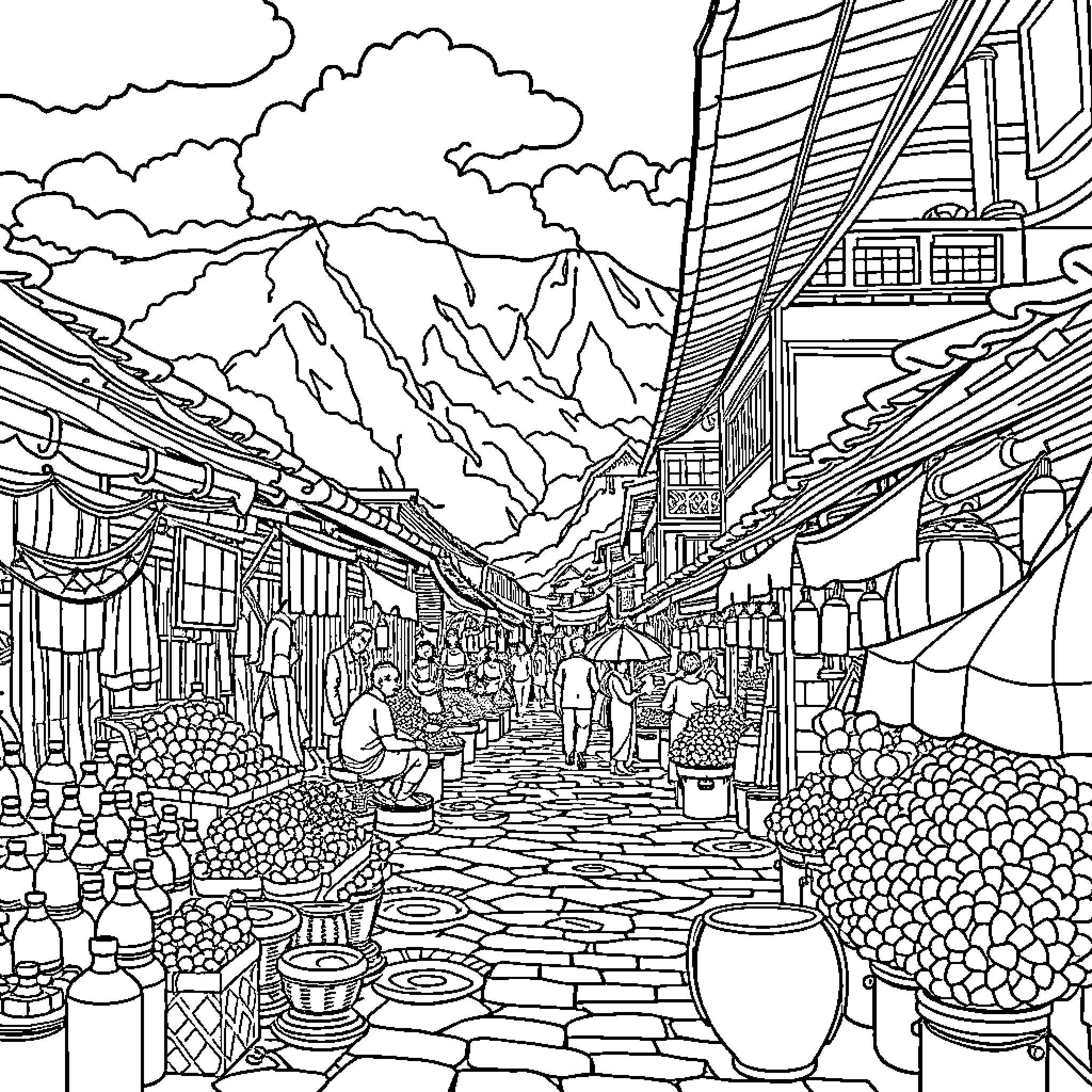 India's Vibrant Mountain Market Scene Coloring Page (free black-and-white line drawing printable PDF for all, from beginners to advanced learners, including children, teens, adults, and seniors)