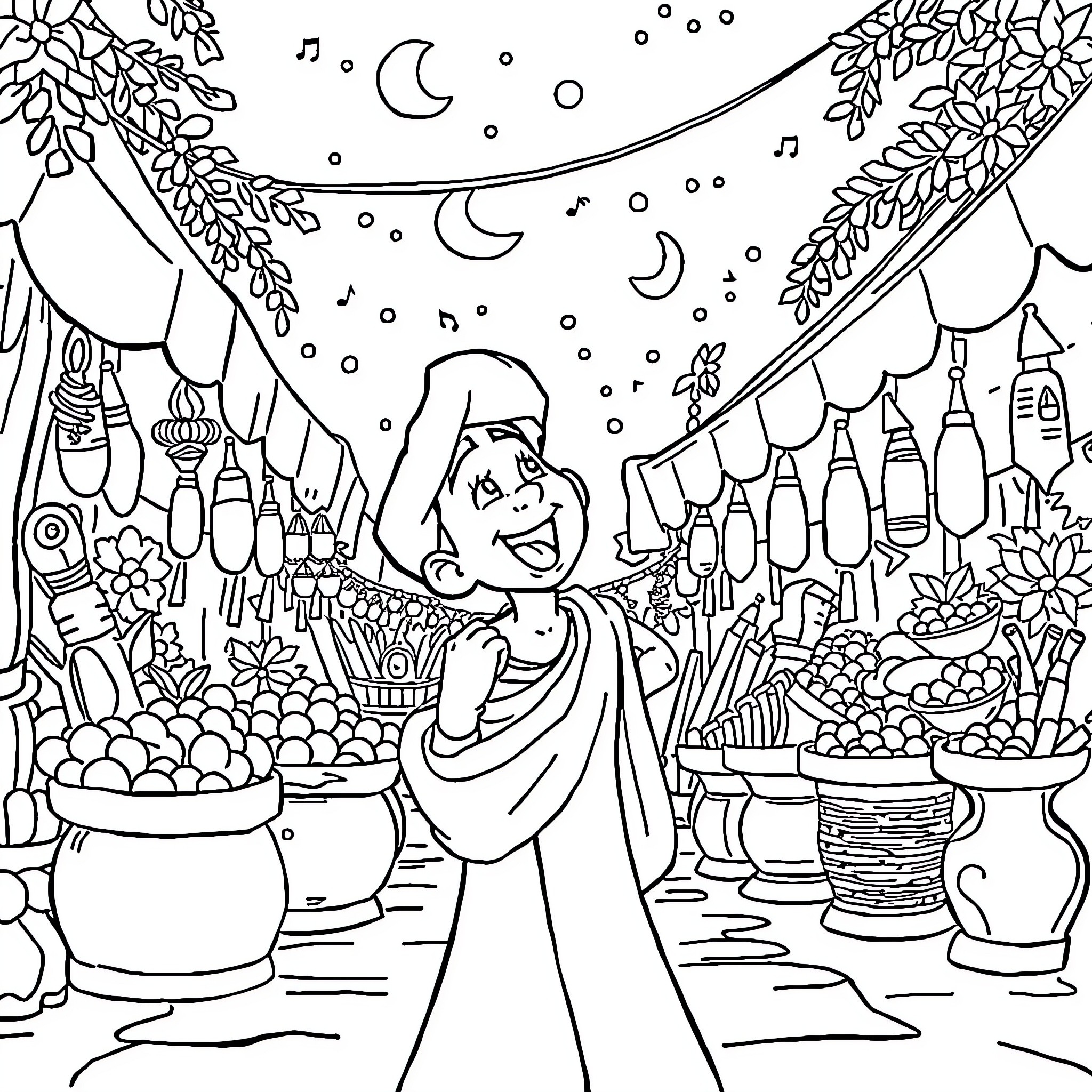 Aladdin enjoying the vibrant night market Coloring Page (free black-and-white line drawing printable PDF for all, from beginners to advanced learners, including children, teens, adults, and seniors)