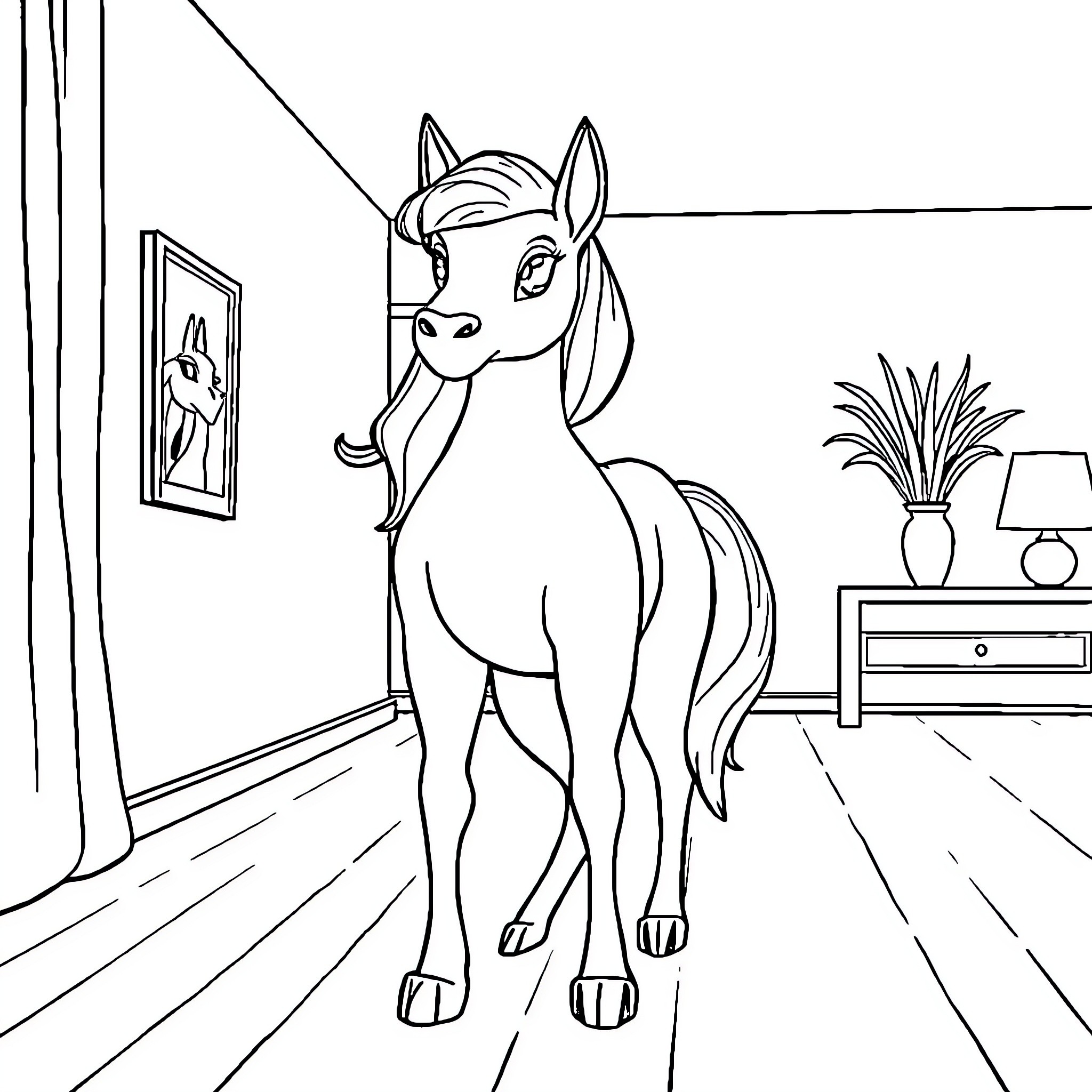 Rubia the Curious Pony Explores the Room Coloring Page (free black-and-white line drawing printable PDF for all, from beginners to advanced learners, including children, teens, adults, and seniors)