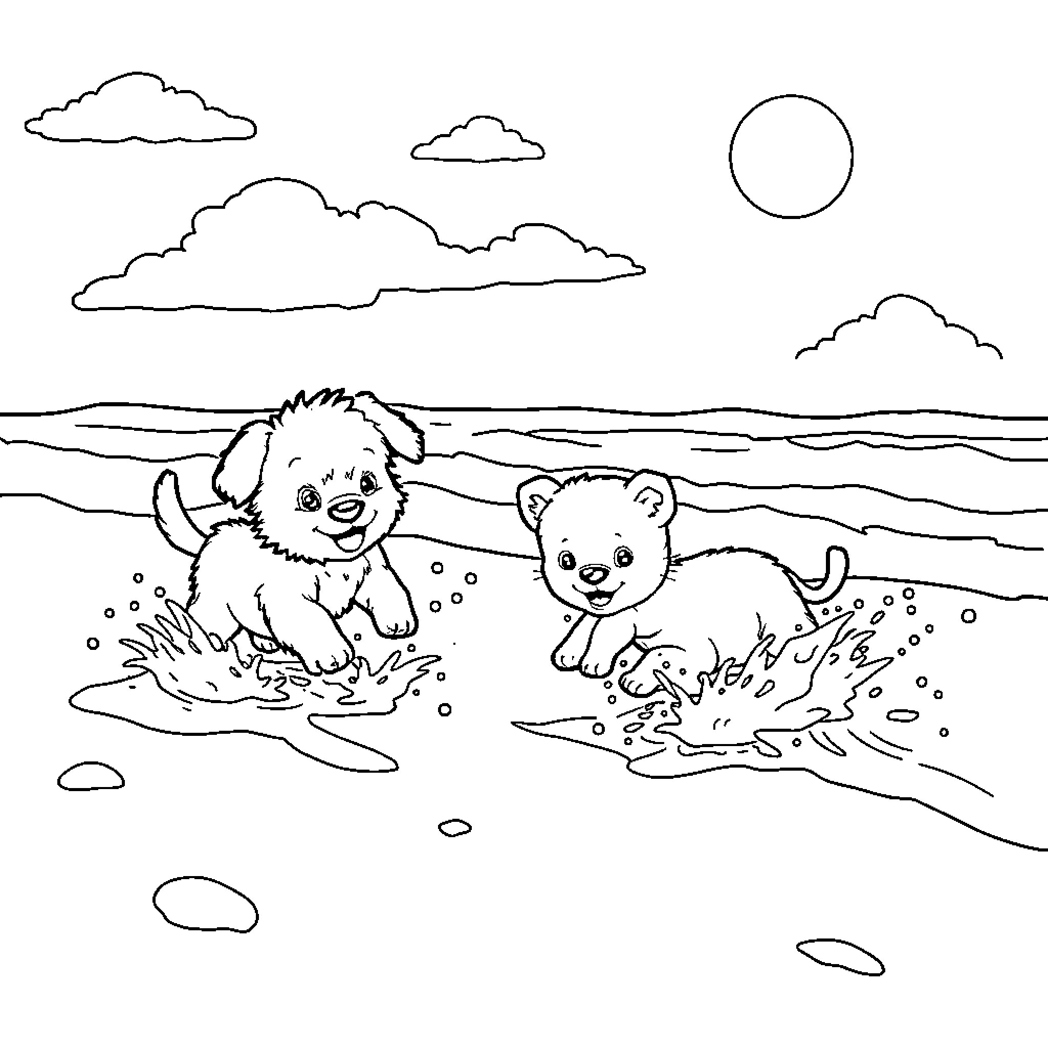 Baby Animals Playing Happily on the Beach Coloring Page (free black-and-white line drawing printable PDF for all, from beginners to advanced learners, including children, teens, adults, and seniors)
