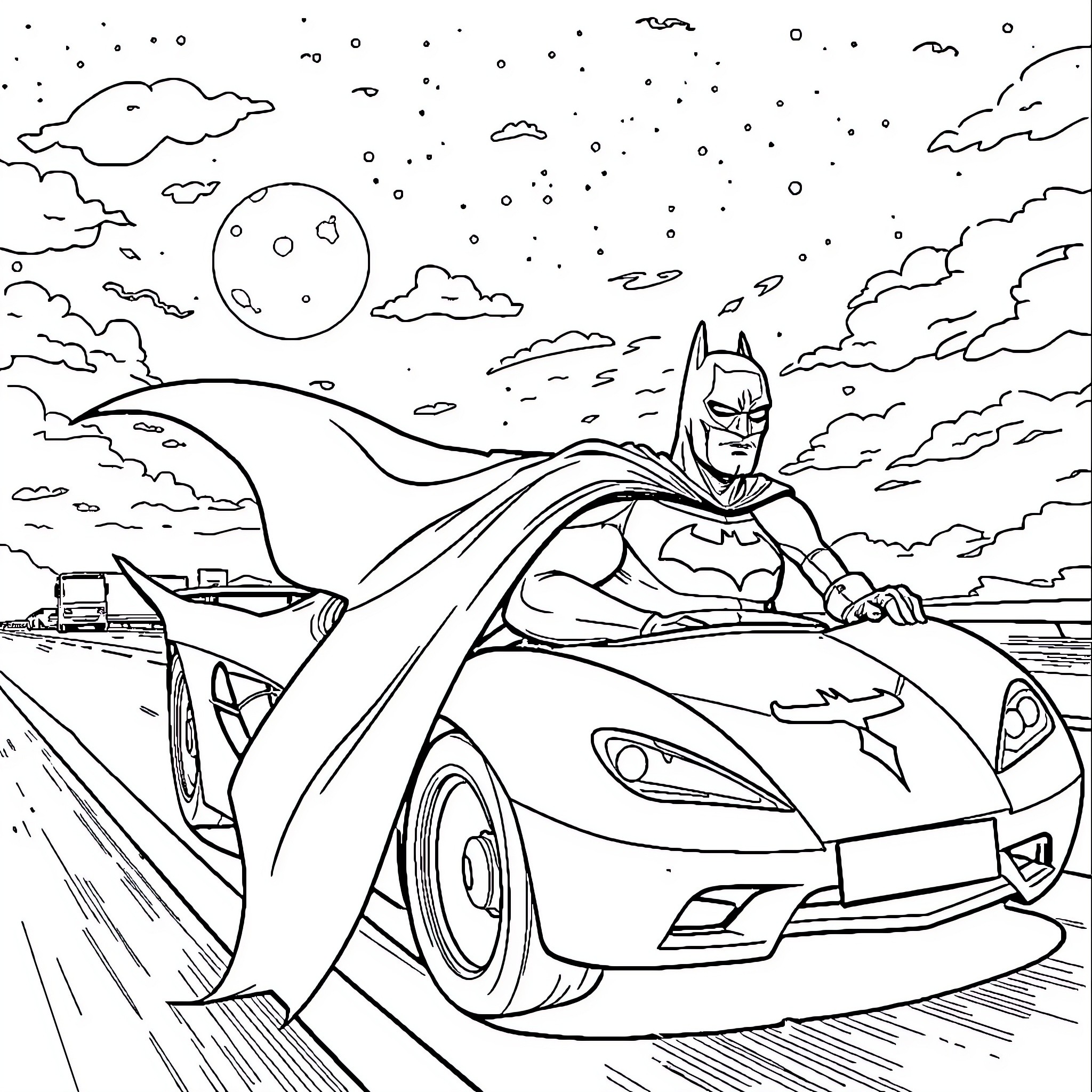 Batman speeding in a futuristic car under the night sky Coloring Page (free black-and-white line drawing printable PDF for all, from beginners to advanced learners, including children, teens, adults, and seniors)