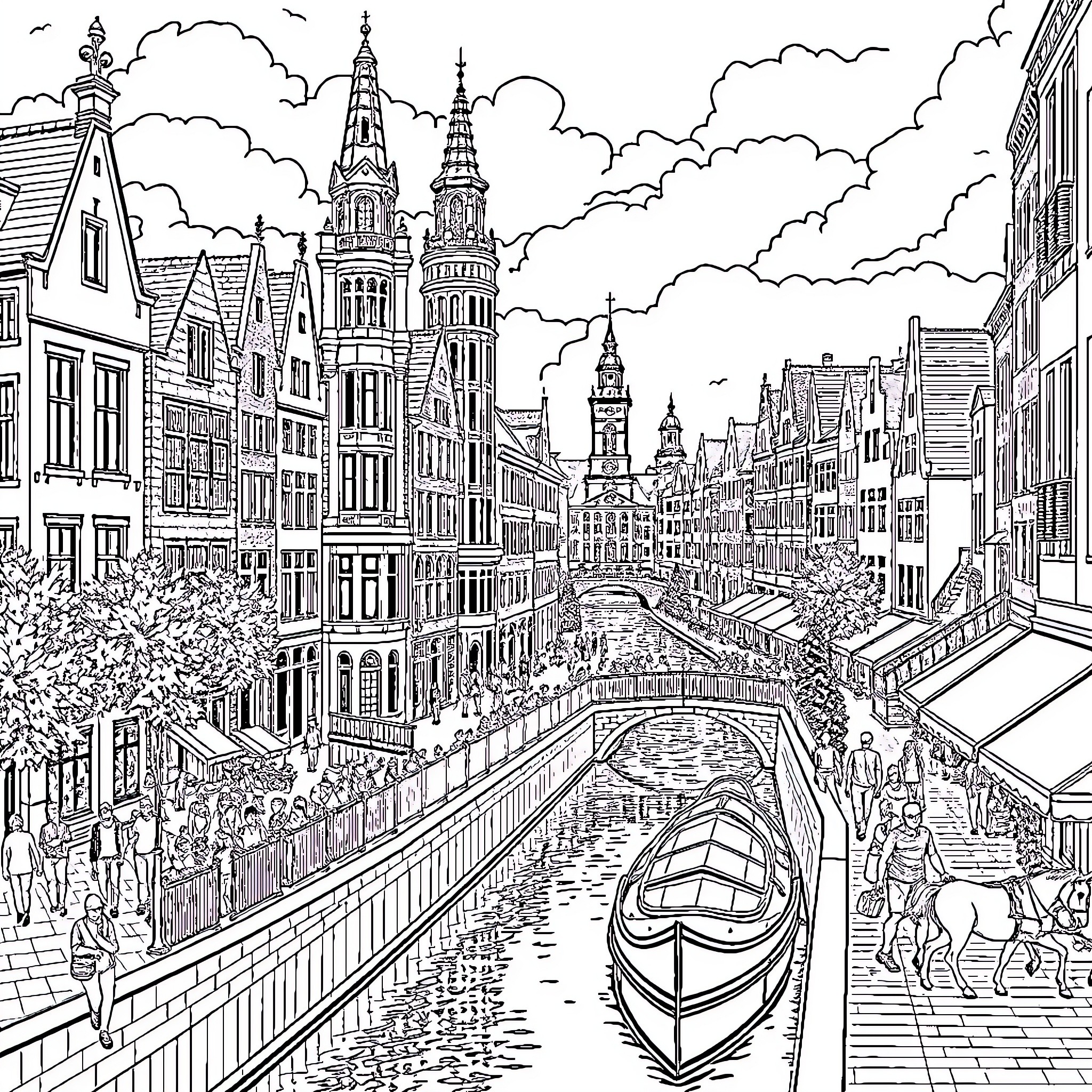 City of Architecture, Boats, and People Coloring Page (free black-and-white line drawing printable PDF for all, from beginners to advanced learners, including children, teens, adults, and seniors)