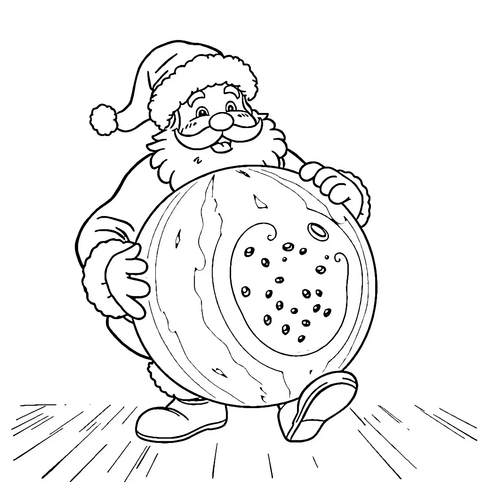 Santa carrying a large snowball Coloring Page (free black-and-white line drawing printable PDF for all, from beginners to advanced learners, including children, teens, adults, and seniors)