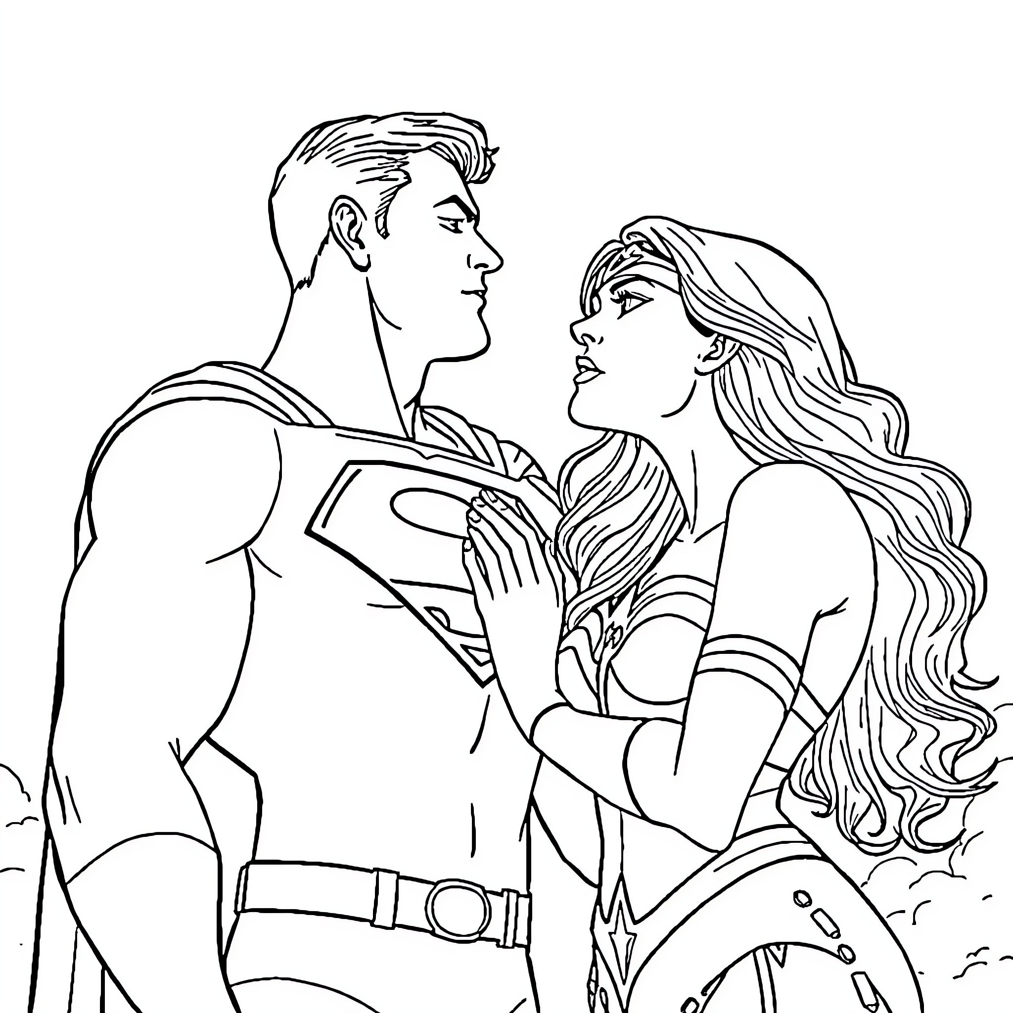 Superman and Wonder Woman in heroic pose Coloring Page (free black-and-white line drawing printable PDF for all, from beginners to advanced learners, including children, teens, adults, and seniors)