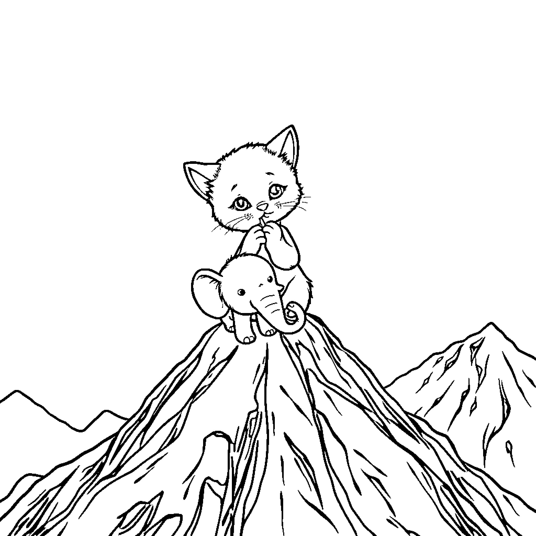 Kitty riding an elephant through the mountains Coloring Page (free black-and-white line drawing printable PDF for all, from beginners to advanced learners, including children, teens, adults, and seniors)