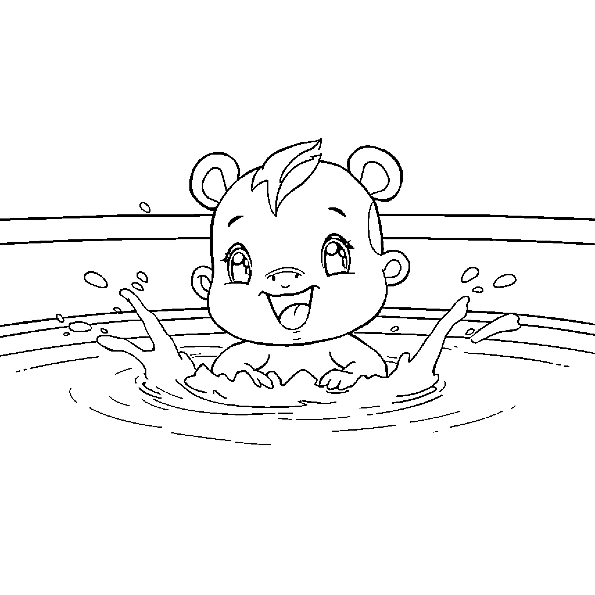Labubu splashing happily in a pool of water Coloring Page (free black-and-white line drawing printable PDF for all, from beginners to advanced learners, including children, teens, adults, and seniors)