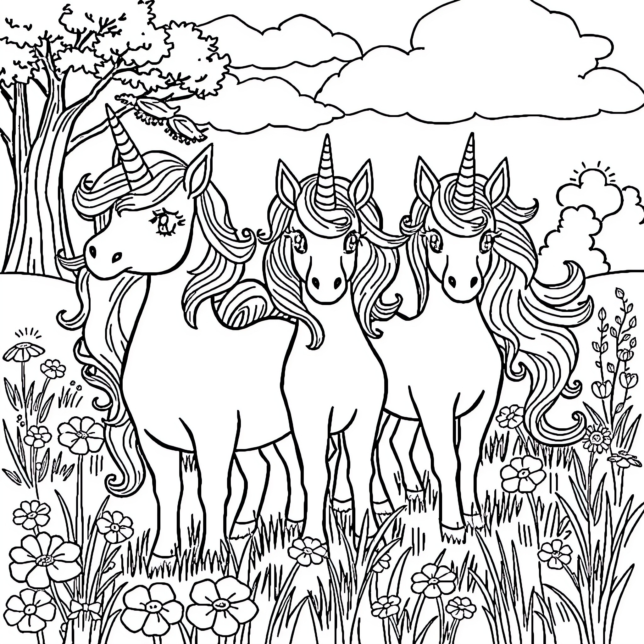 Unicorn trio frolicking in enchanted forest Coloring Page (free black-and-white line drawing printable PDF for all, from beginners to advanced learners, including children, teens, adults, and seniors)