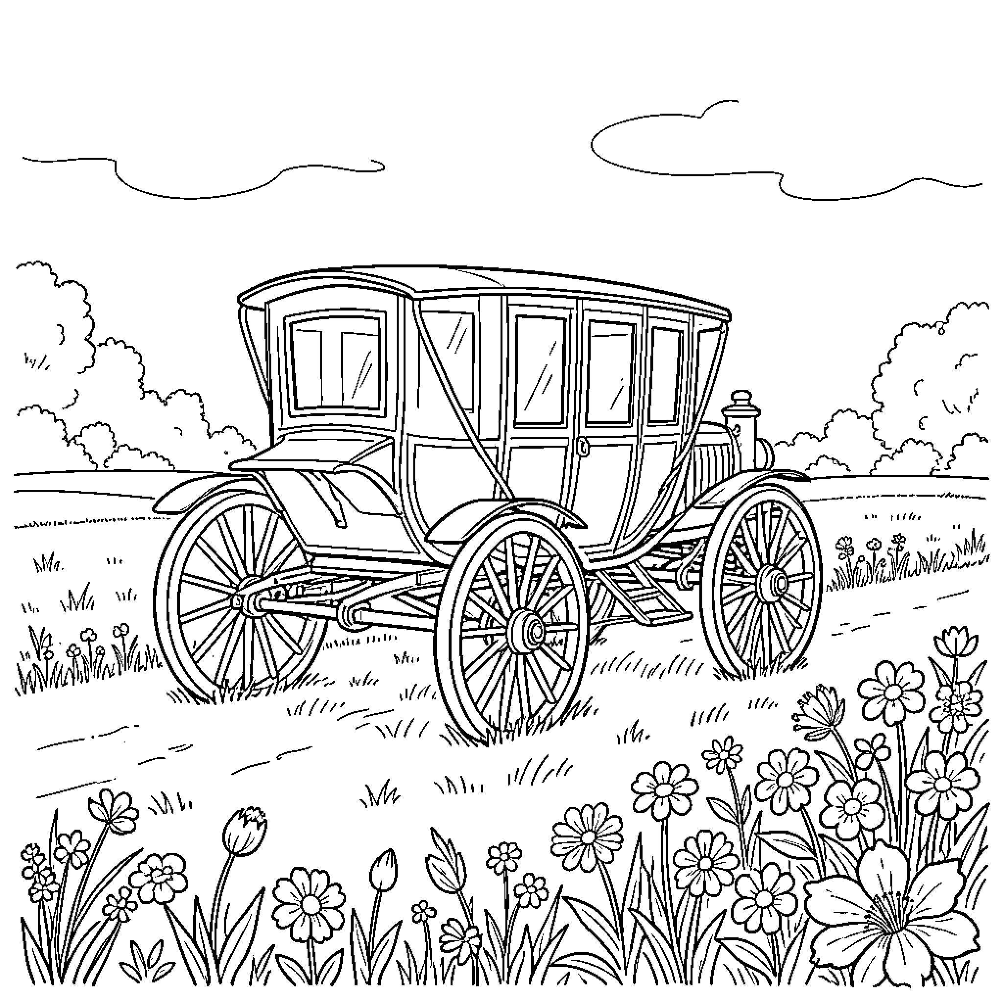Postcoach traveling through a scenic countryside Coloring Page (free black-and-white line drawing printable PDF for all, from beginners to advanced learners, including children, teens, adults, and seniors)