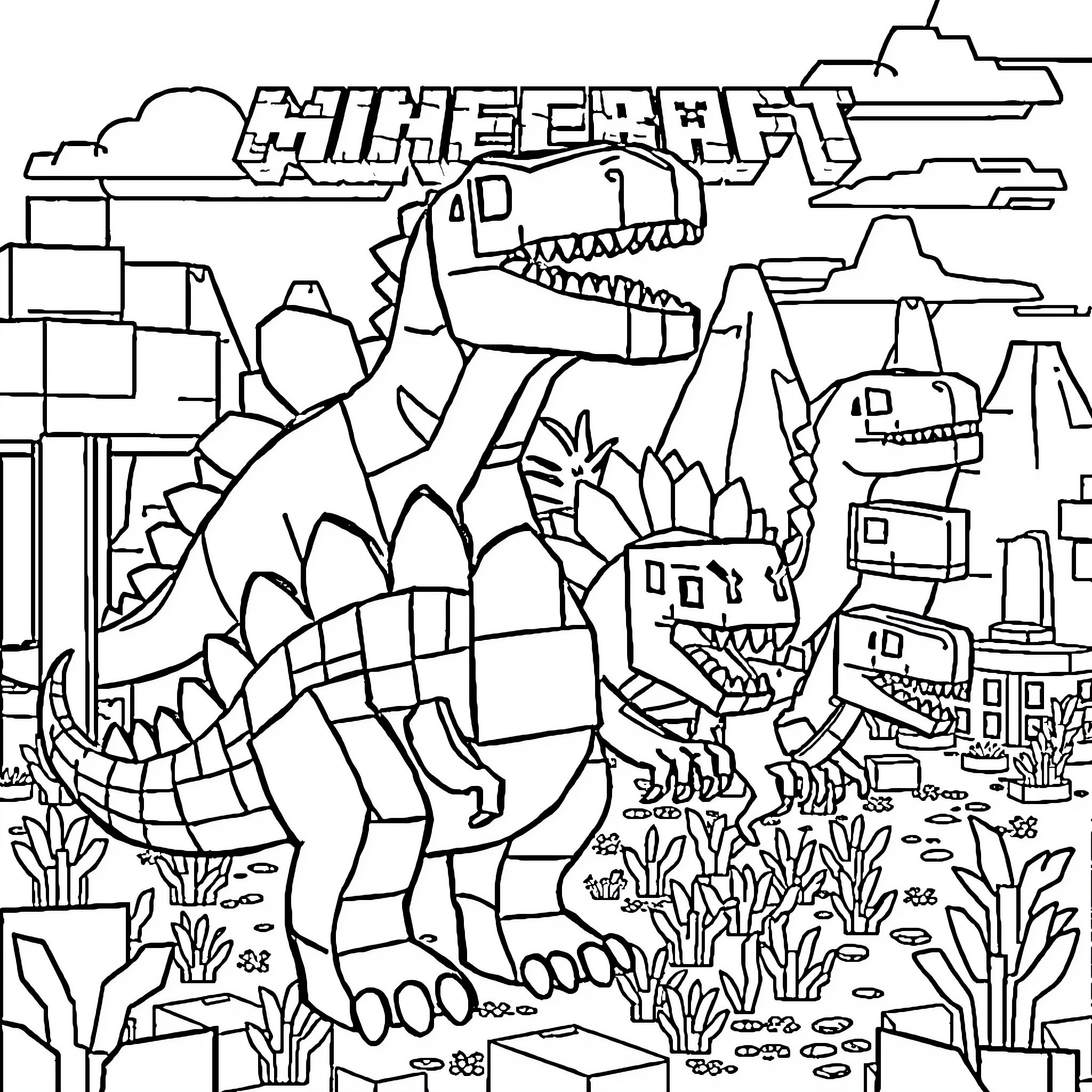 Dinosaur Stampede in the City Coloring Page (free black-and-white line drawing printable PDF for all, from beginners to advanced learners, including children, teens, adults, and seniors)