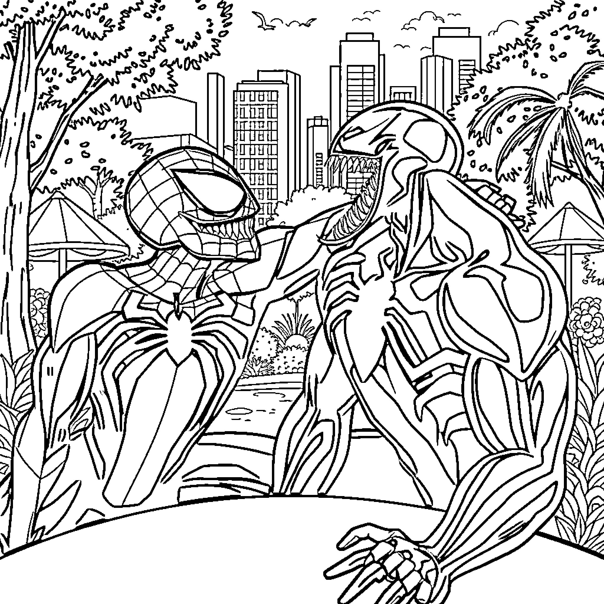 Spiderman battling a fearsome villain in the city Coloring Page (free black-and-white line drawing printable PDF for all, from beginners to advanced learners, including children, teens, adults, and seniors)
