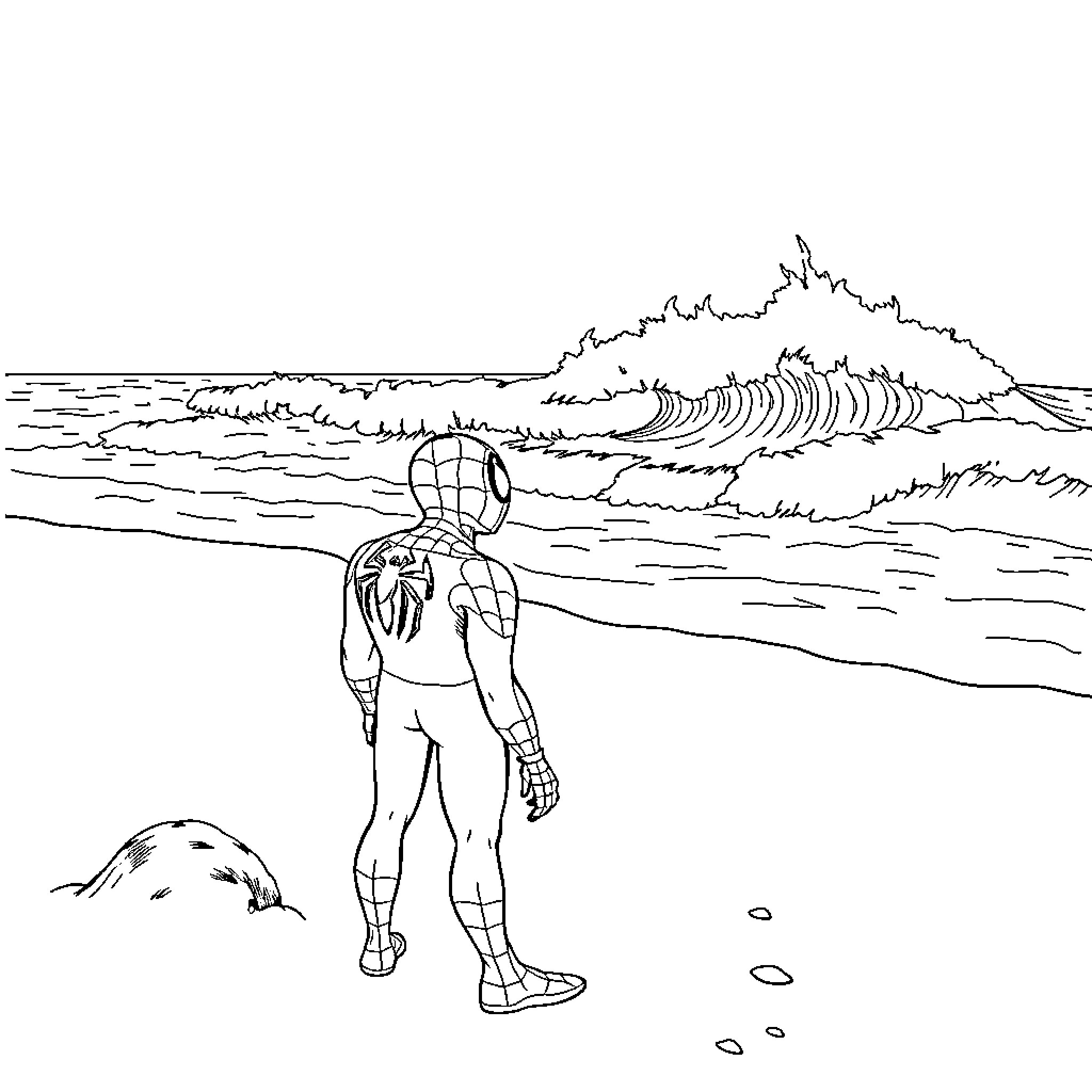 Spiderman standing on a beach watching large waves Coloring Page (free black-and-white line drawing printable PDF for all, from beginners to advanced learners, including children, teens, adults, and seniors)